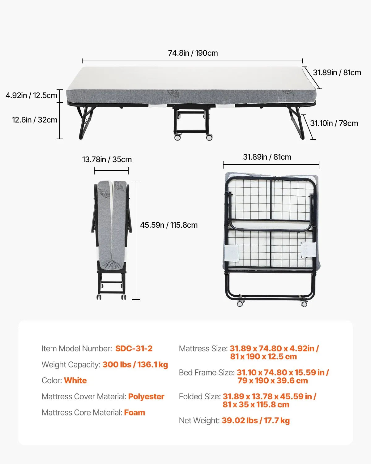 VEVOR Rollaway Bed Folding Bed with 5 inches Foam Mattress for Adults & Guest
