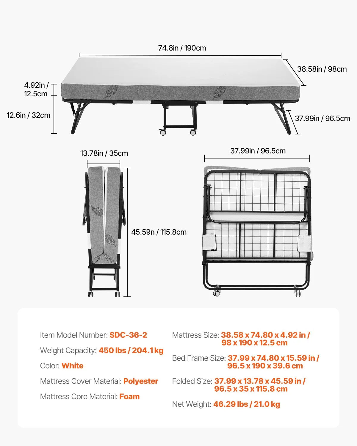 VEVOR Rollaway Bed Folding Bed with 5 in Foam Mattress for Adults and Guest