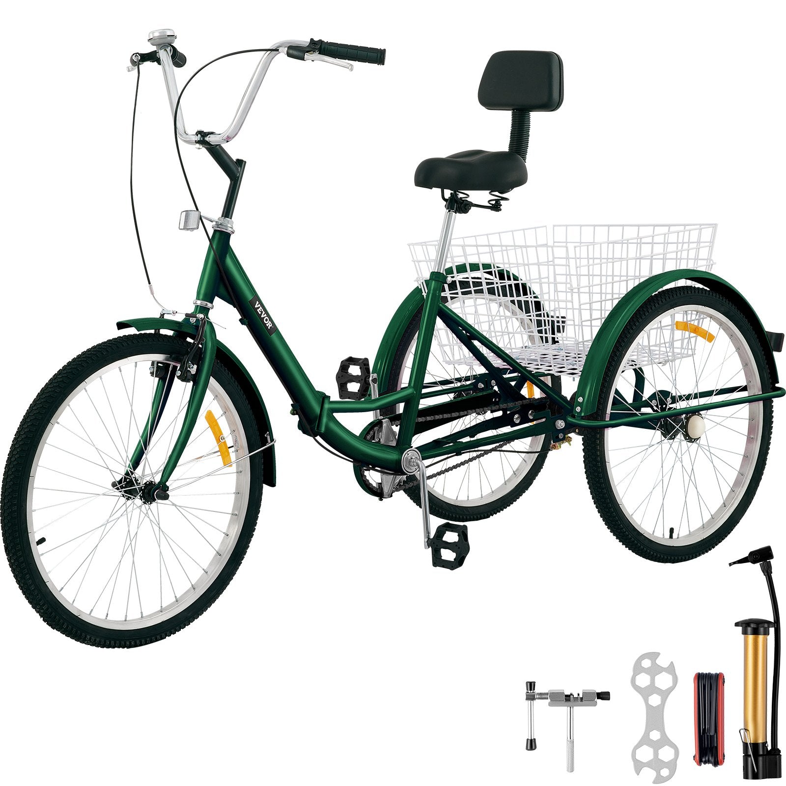 VEVOR Foldable Tricycle 24’’ Wheels, 1-Speed Green Trike, 3 Wheels Colorful Bike With Basket, Portable And Foldable Bicycle for Adults Exercise Shopping  Picnic Outdoor Activities 