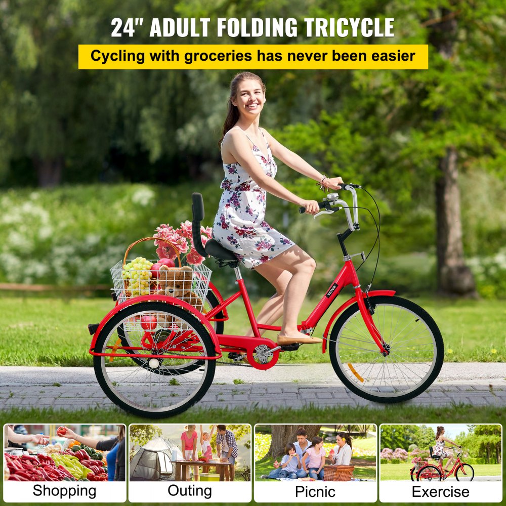 VEVOR Tricycle Adult 24’’ Wheels Adult Tricycle 1-Speed 3 Wheel Bikes For Adults Three Wheel Bike For Adults Adult Trike Adult Folding Tricycle Foldable Adult Tricycle 3 Wheel Bike Trike For Adults 