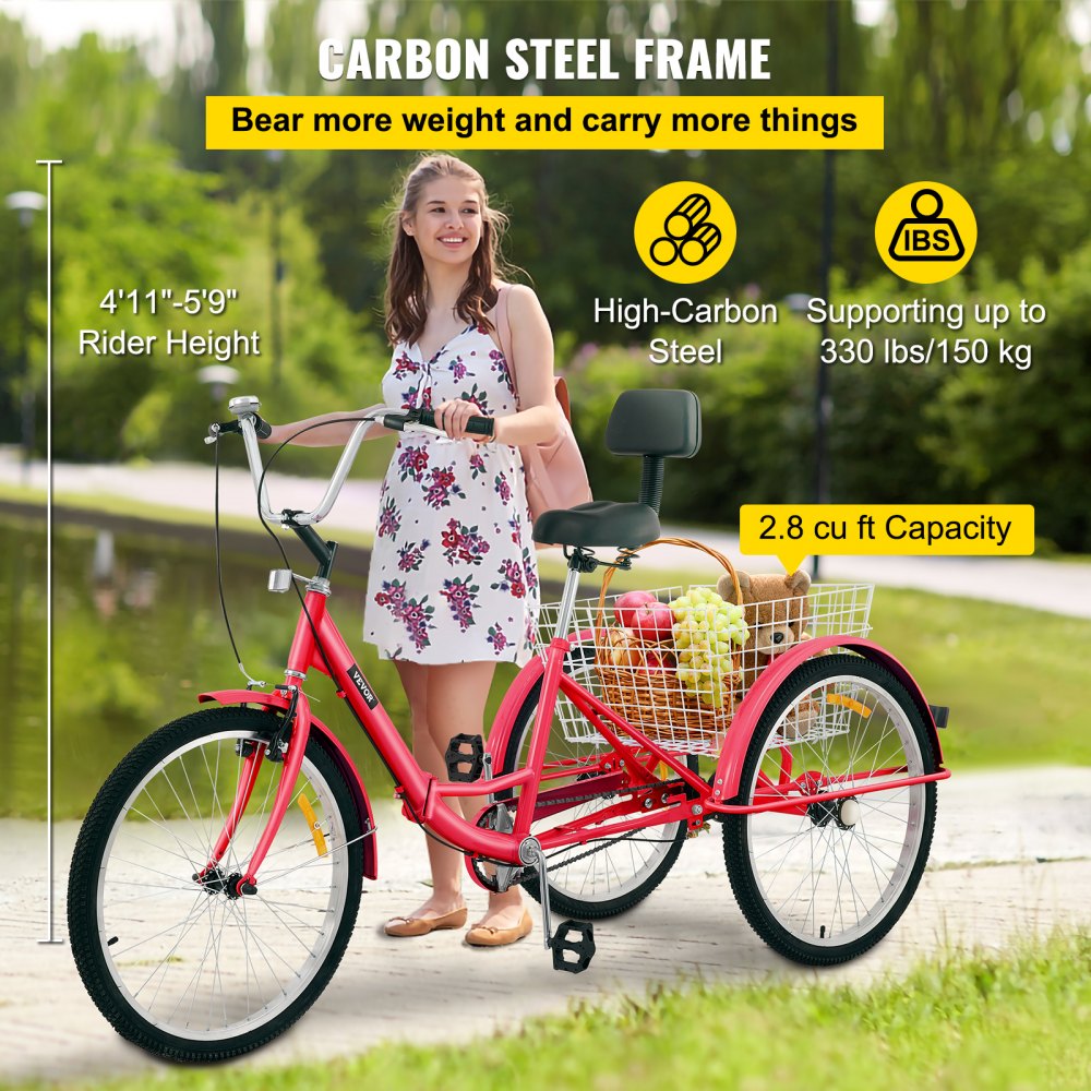 VEVOR Tricycle Adult 24’’ Wheels Adult Tricycle 1-Speed 3 Wheel Bikes For Adults Three Wheel Bike For Adults Adult Trike Adult Folding Tricycle Foldable Adult Tricycle 3 Wheel Bike Trike For Adults 