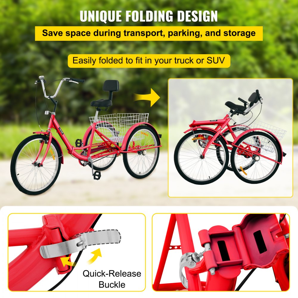 VEVOR Tricycle Adult 24’’ Wheels Adult Tricycle 1-Speed 3 Wheel Bikes For Adults Three Wheel Bike For Adults Adult Trike Adult Folding Tricycle Foldable Adult Tricycle 3 Wheel Bike Trike For Adults 