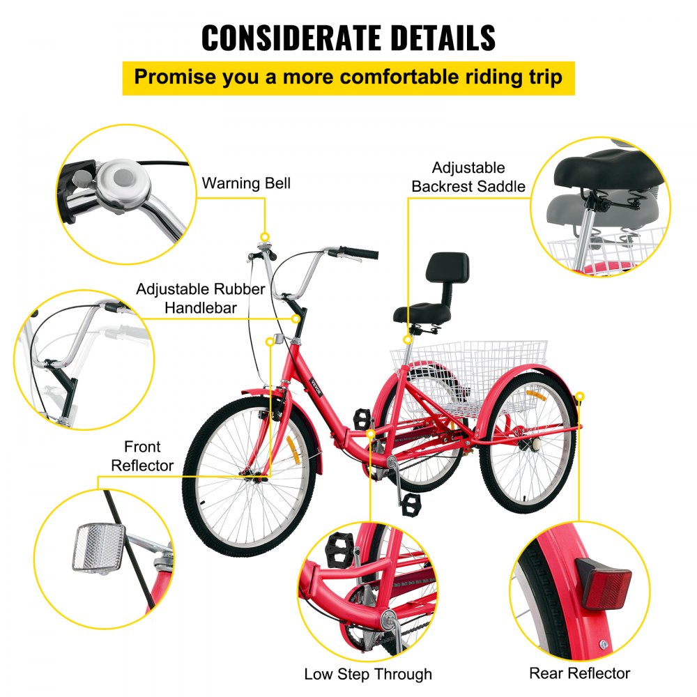 VEVOR Tricycle Adult 24’’ Wheels Adult Tricycle 1-Speed 3 Wheel Bikes For Adults Three Wheel Bike For Adults Adult Trike Adult Folding Tricycle Foldable Adult Tricycle 3 Wheel Bike Trike For Adults 