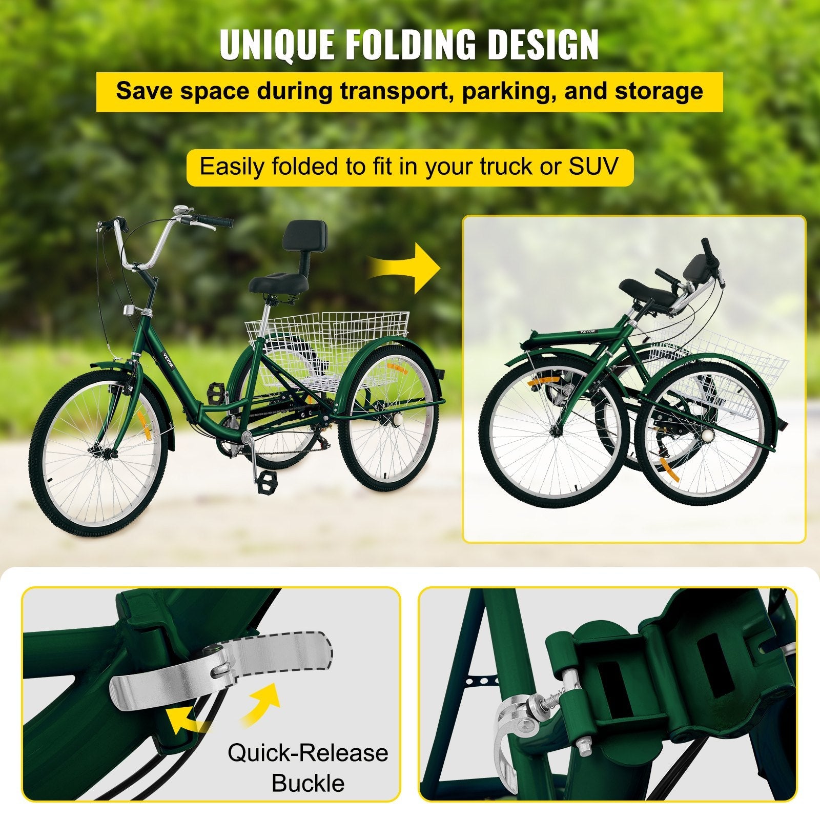 VEVOR Tricycle Adult 24’’ Wheels Adult Tricycle 7-Speed 3 Wheel Bikes For Adults Three Wheel Bike For Adults Adult Trike Adult Folding Tricycle Foldable Adult Tricycle 3 Wheel Bike Trike For Adults 