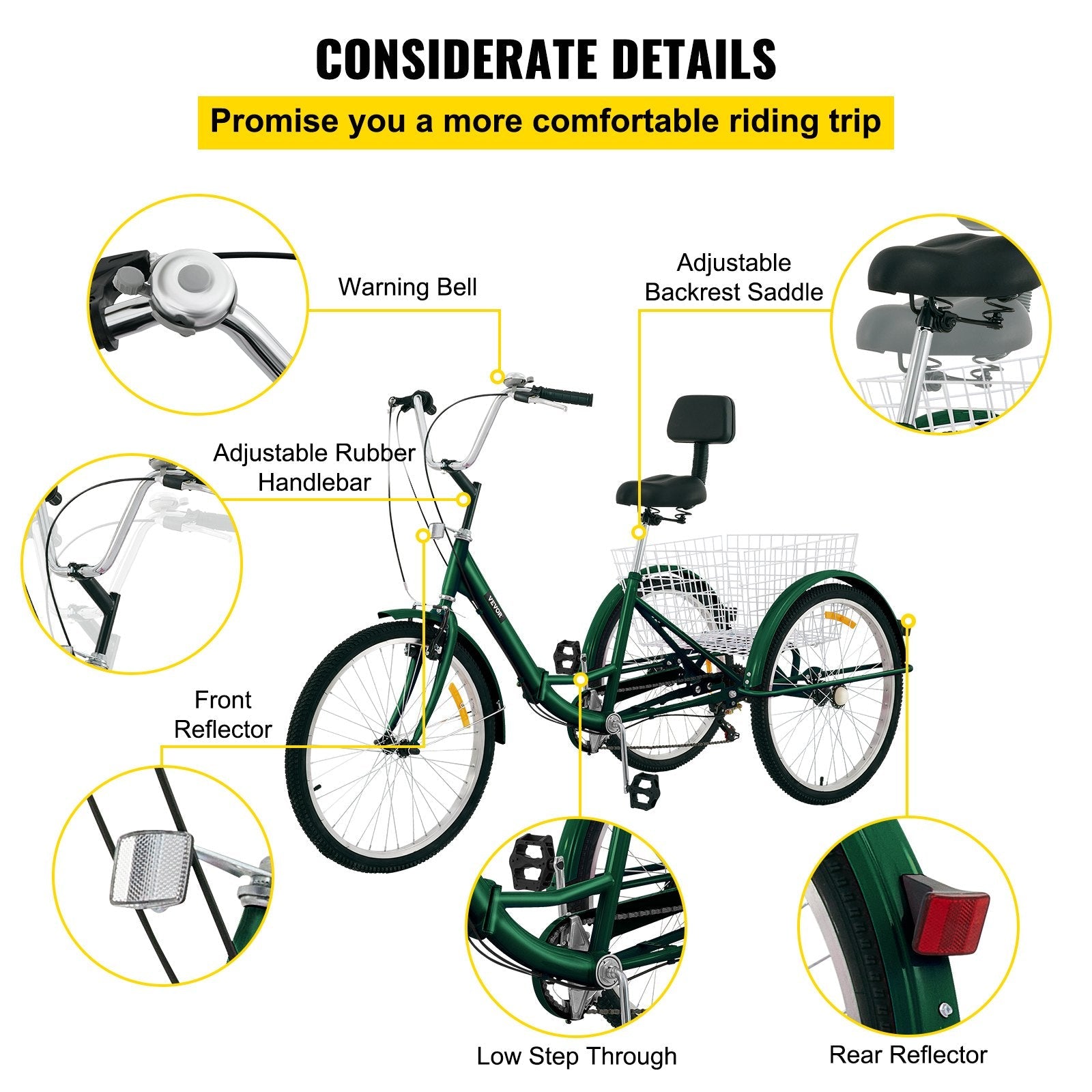 VEVOR Tricycle Adult 24’’ Wheels Adult Tricycle 7-Speed 3 Wheel Bikes For Adults Three Wheel Bike For Adults Adult Trike Adult Folding Tricycle Foldable Adult Tricycle 3 Wheel Bike Trike For Adults 