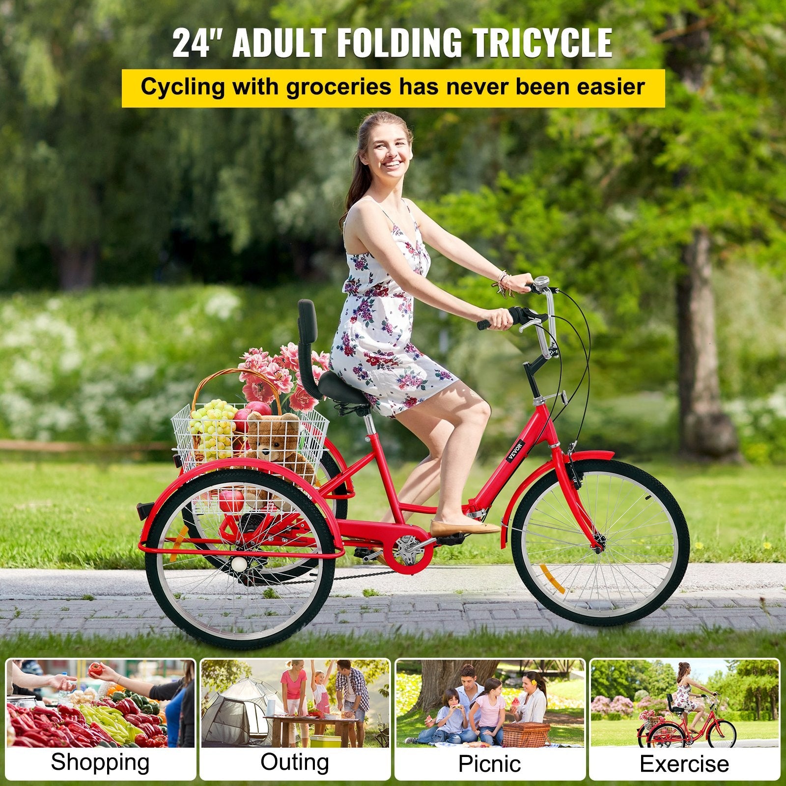 VEVOR Tricycle Adult 26’’ Wheels Adult Tricycle 7-Speed 3 Wheel Bikes For Adults Three Wheel Bike For Adults Adult Trike Adult Folding Tricycle Foldable Adult Tricycle 3 Wheel Bike Trike For Adults 