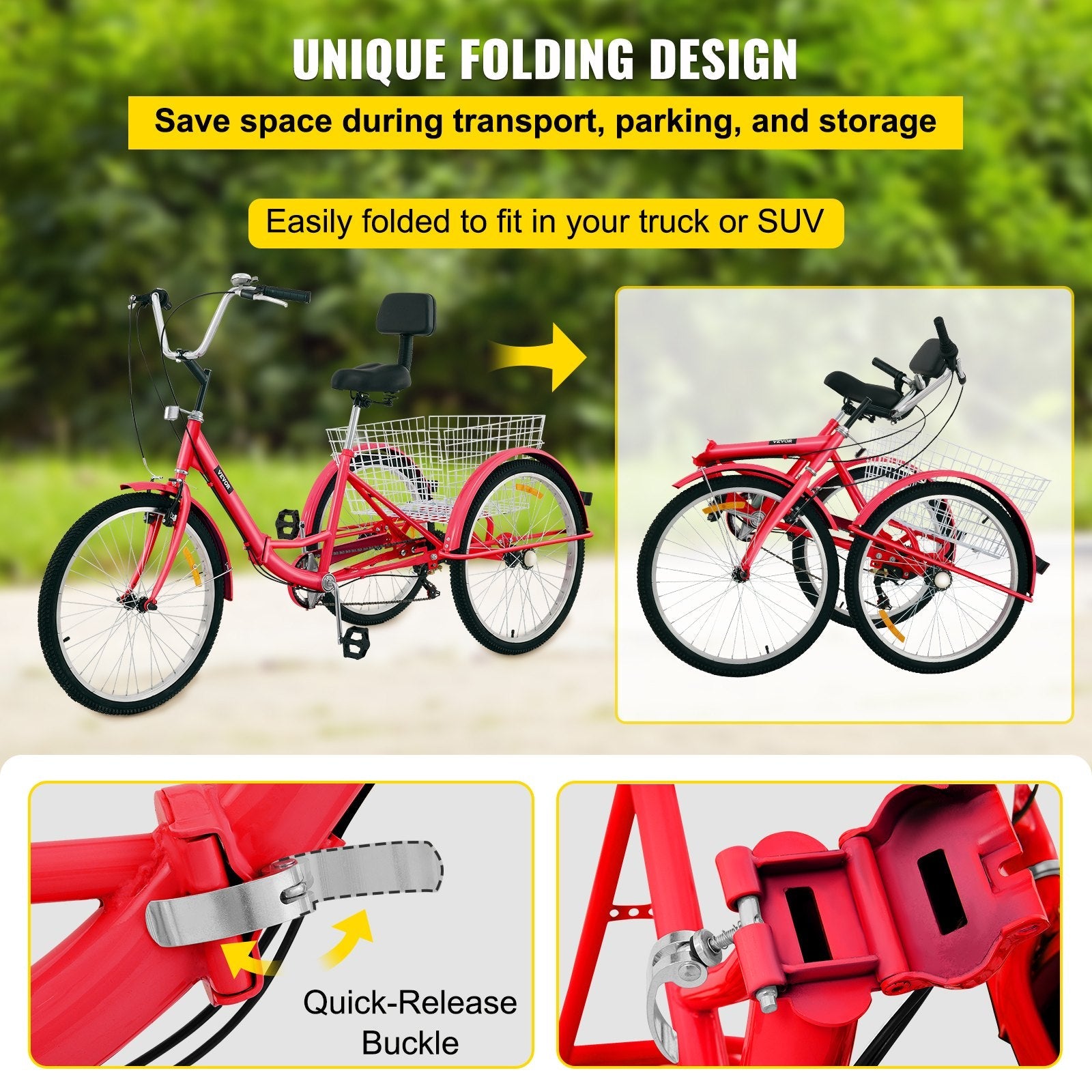 VEVOR Tricycle Adult 26’’ Wheels Adult Tricycle 7-Speed 3 Wheel Bikes For Adults Three Wheel Bike For Adults Adult Trike Adult Folding Tricycle Foldable Adult Tricycle 3 Wheel Bike Trike For Adults 