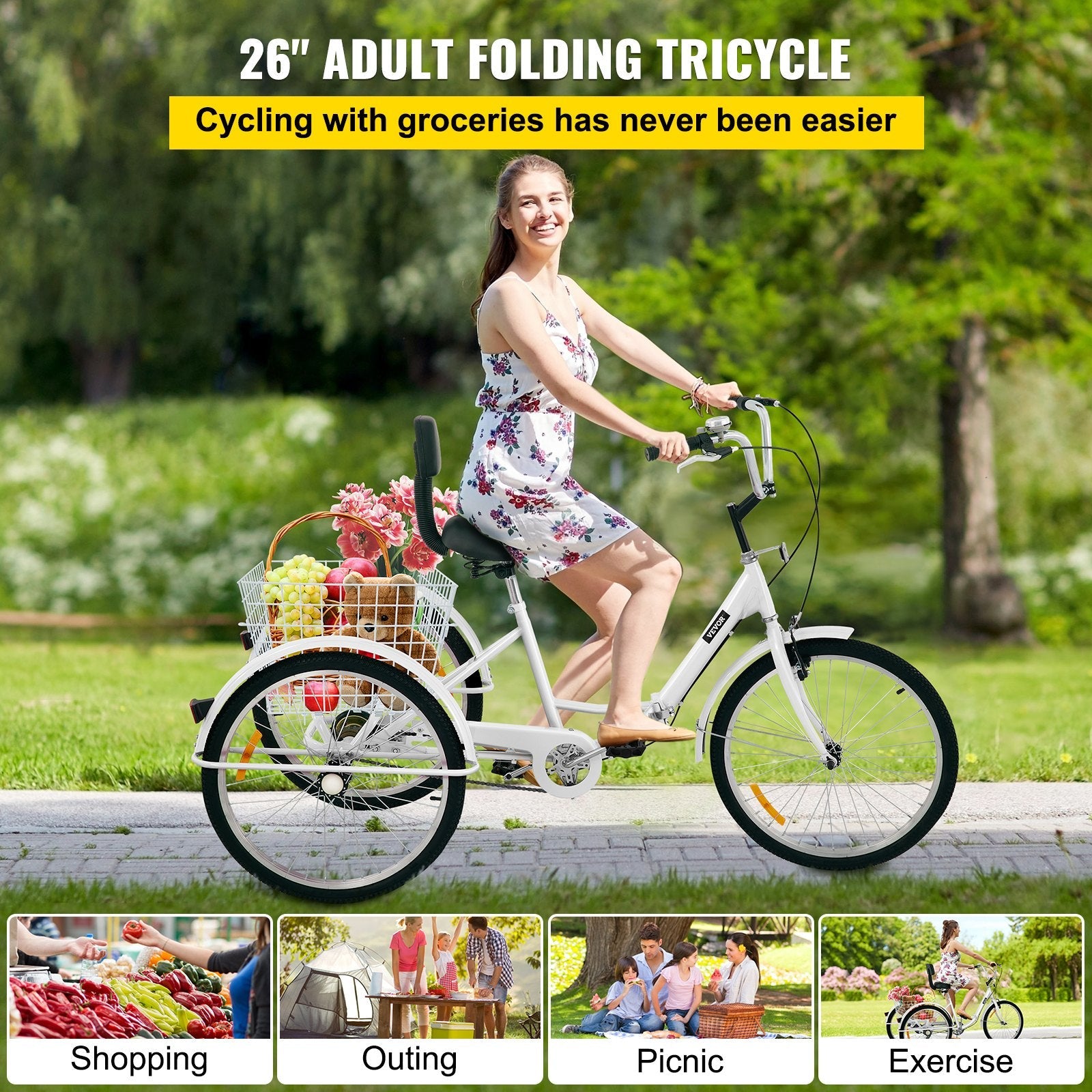 VEVOR Tricycle Adult 26’’ Wheels Adult Tricycle 1-Speed 3 Wheel Bikes For Adults Three Wheel Bike For Adults Adult Trike Adult Folding Tricycle Foldable Adult Tricycle 3 Wheel Bike Trike For Adults 