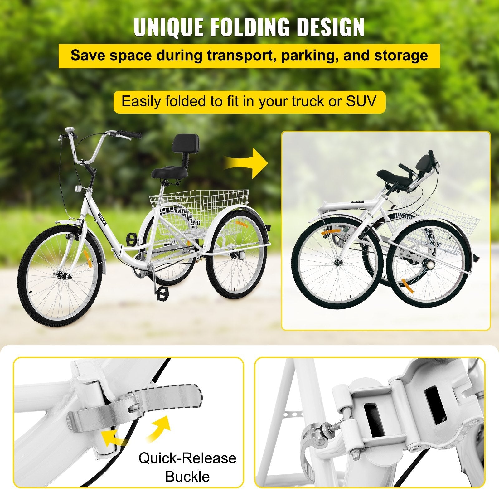 VEVOR Tricycle Adult 26’’ Wheels Adult Tricycle 1-Speed 3 Wheel Bikes For Adults Three Wheel Bike For Adults Adult Trike Adult Folding Tricycle Foldable Adult Tricycle 3 Wheel Bike Trike For Adults 
