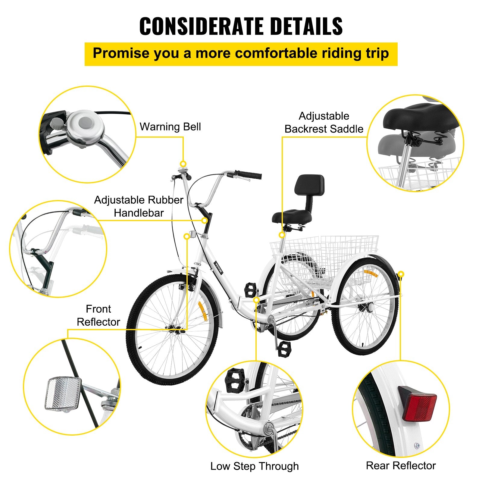 VEVOR Tricycle Adult 26’’ Wheels Adult Tricycle 1-Speed 3 Wheel Bikes For Adults Three Wheel Bike For Adults Adult Trike Adult Folding Tricycle Foldable Adult Tricycle 3 Wheel Bike Trike For Adults 