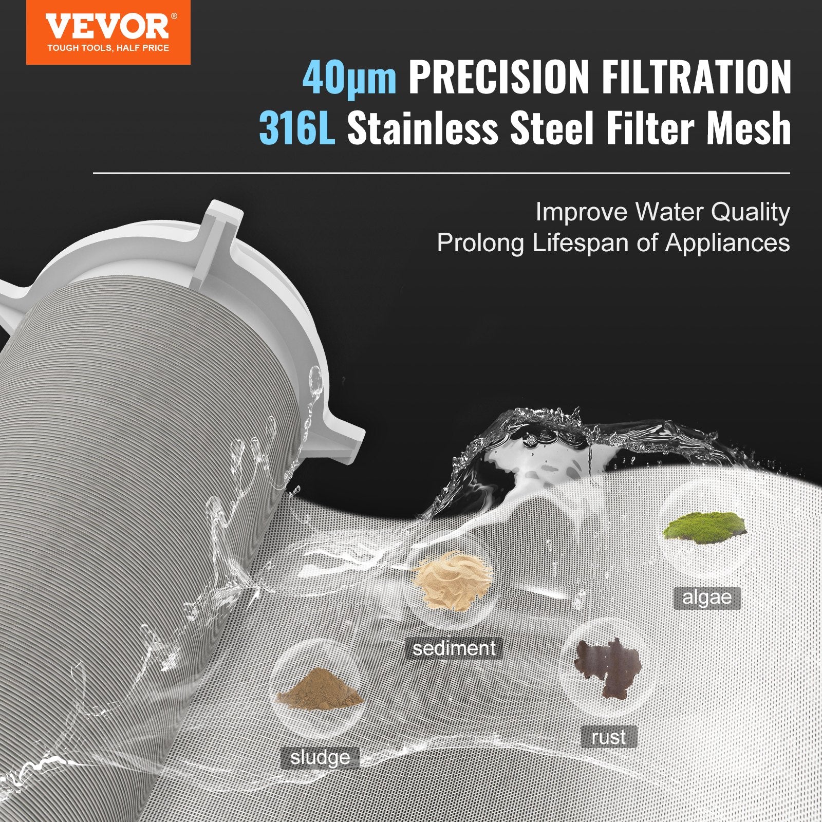 VEVOR Spin Down Filter, 40 Micron Whole House Sediment Filter for Well Water, 1" MNPT + 3/4" FNPT, 8 T/H High Flow Rate, for Whole House Water Filtration Systems, Well Water Sediment Filter 