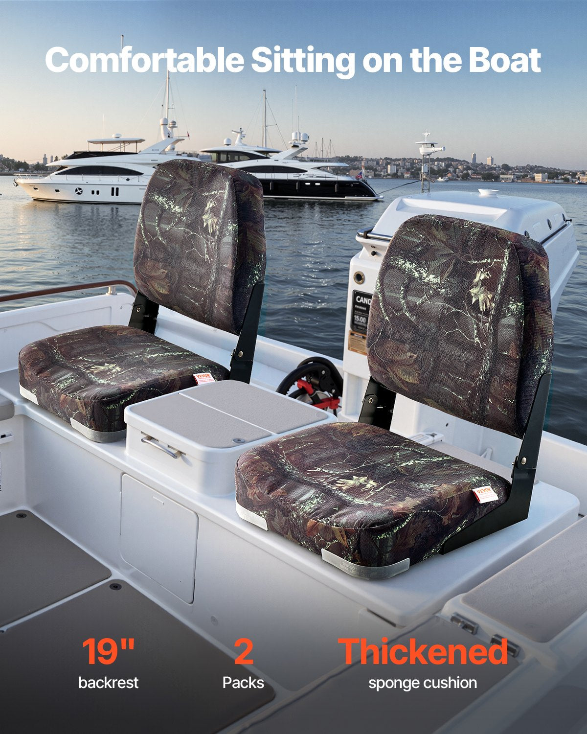 VEVOR Boat Seat Low Backrest Flip Up Boat Seat Sponge Cushion Camouflage 2pcs 