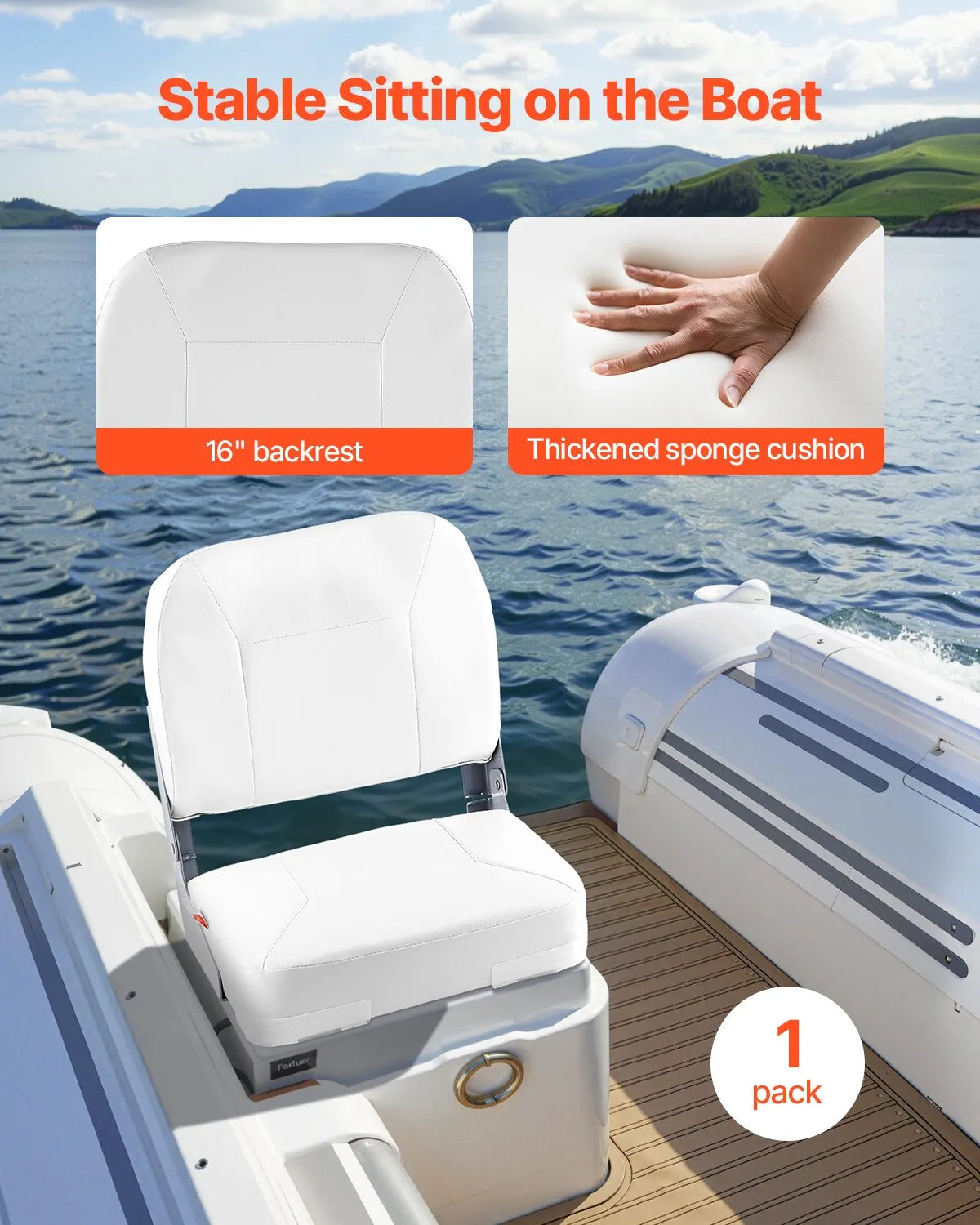 VEVOR Boat Seat, Low Backrest, Folding Fishing Boat Seat with Thickened Sponge Cushion & Waterproof PVC Leather, Aluminum Alloy Hinges, Flip Up Boat Seat for Fishing Boats, Yachts, Ships, White 