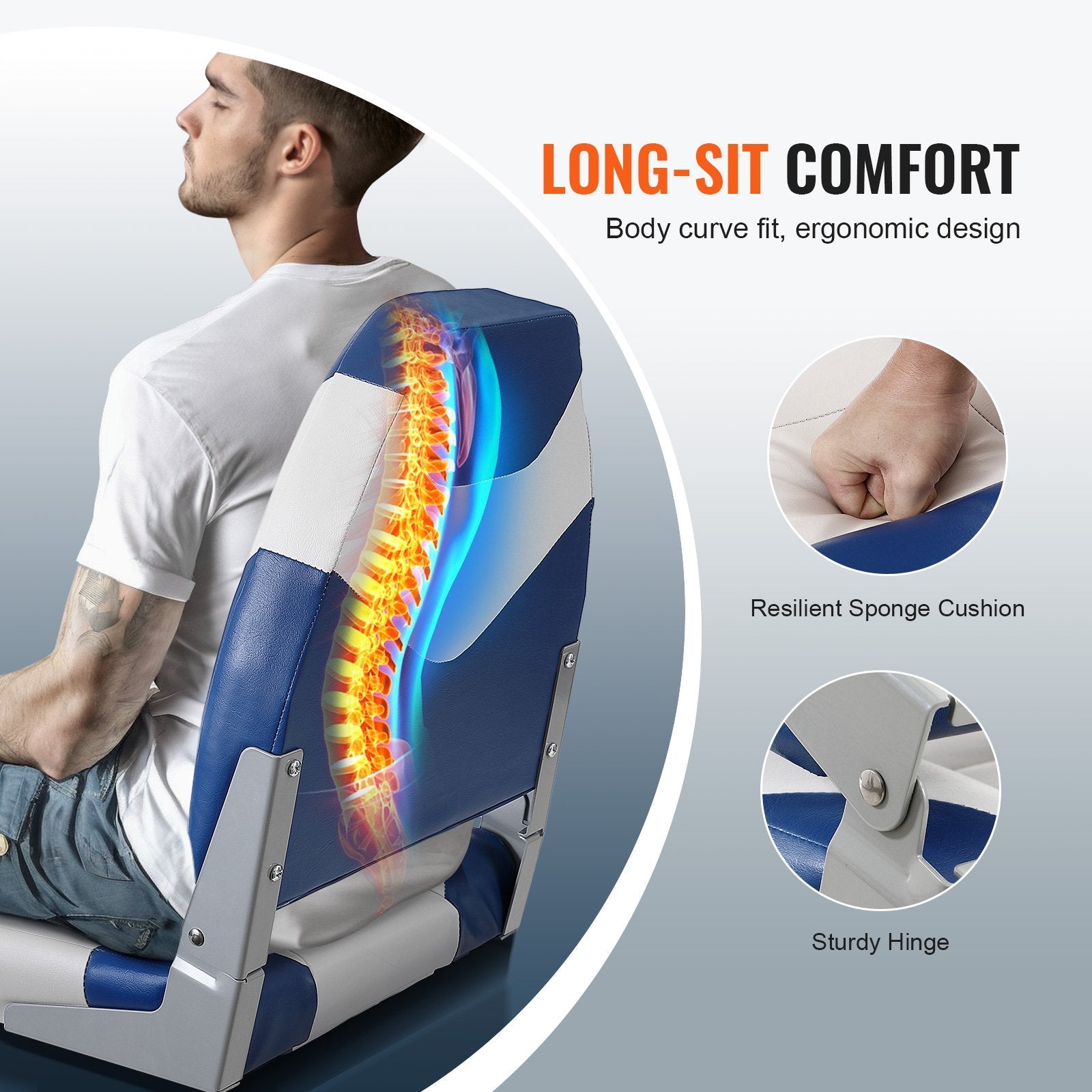 VEVOR Boat Seats, 21.85" High Back Boat Seat, Folding Boat Chair with Thickened Sponge Padding and Hinge, Fold-Down Boat Captain Chairs for Fishing Boat, Sightseeing Boat, Speedboat, Canoe, 2-Pack 