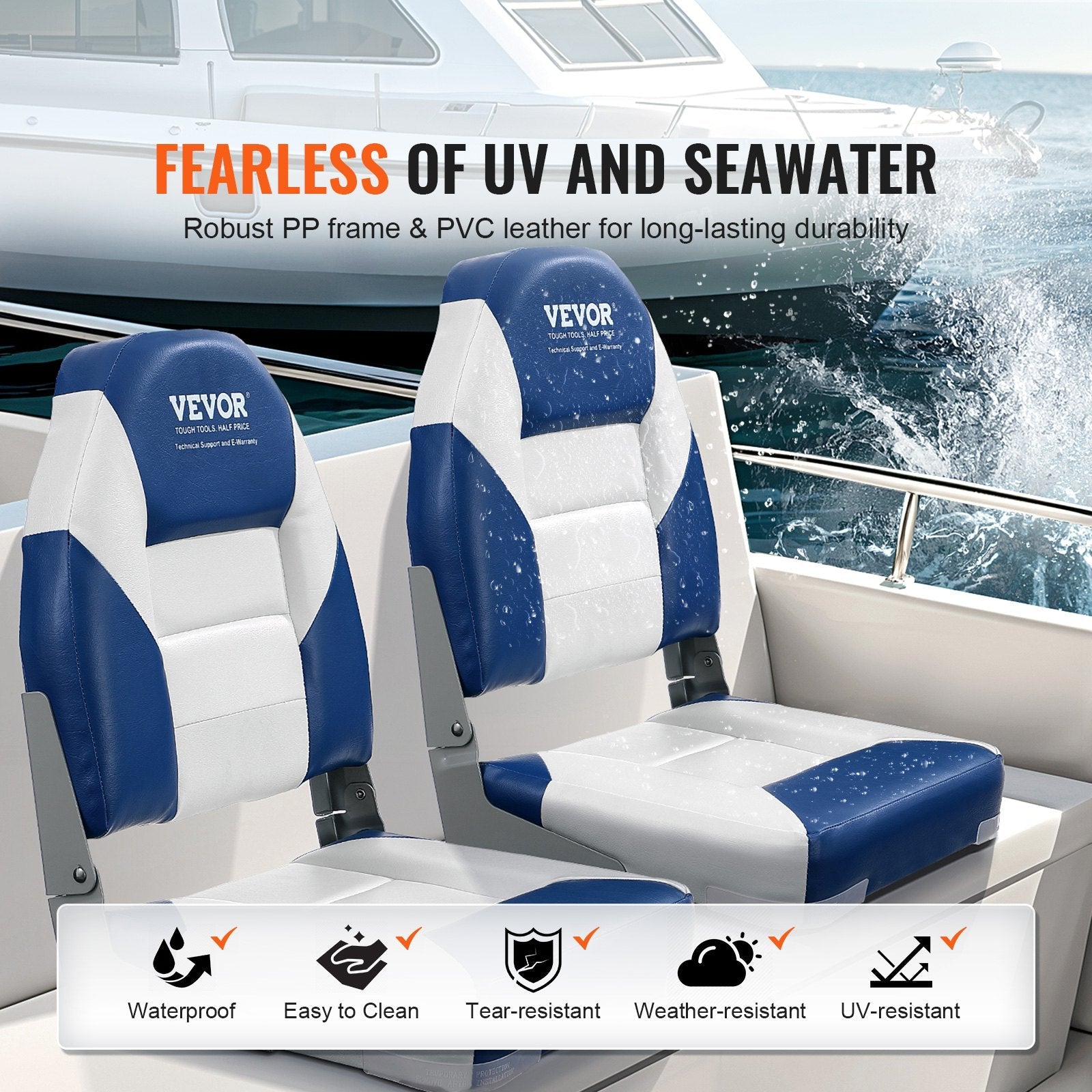 VEVOR Boat Seats, 21.85" High Back Boat Seat, Folding Boat Chair with Thickened Sponge Padding and Hinge, Fold-Down Boat Captain Chairs for Fishing Boat, Sightseeing Boat, Speedboat, Canoe, 2-Pack 
