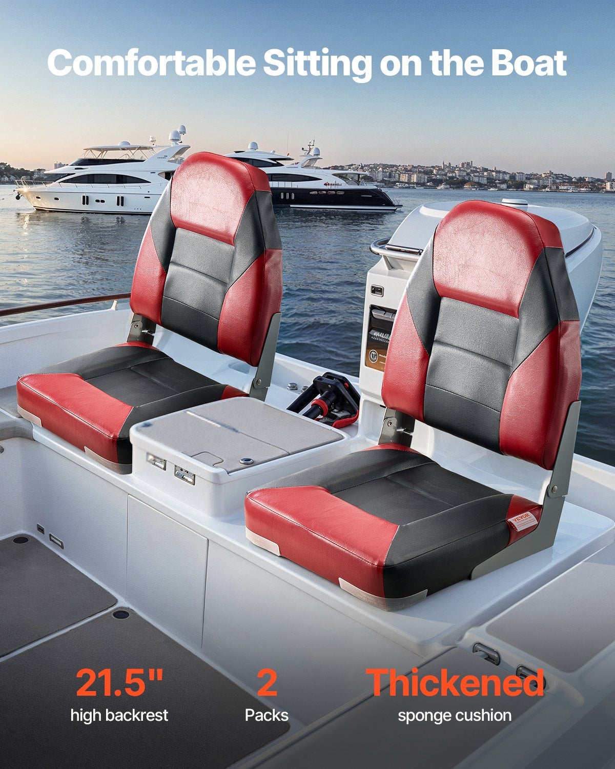 VEVOR Boat Seat High Backrest Folding Boat Seat Sponge Cushion Black & Red 