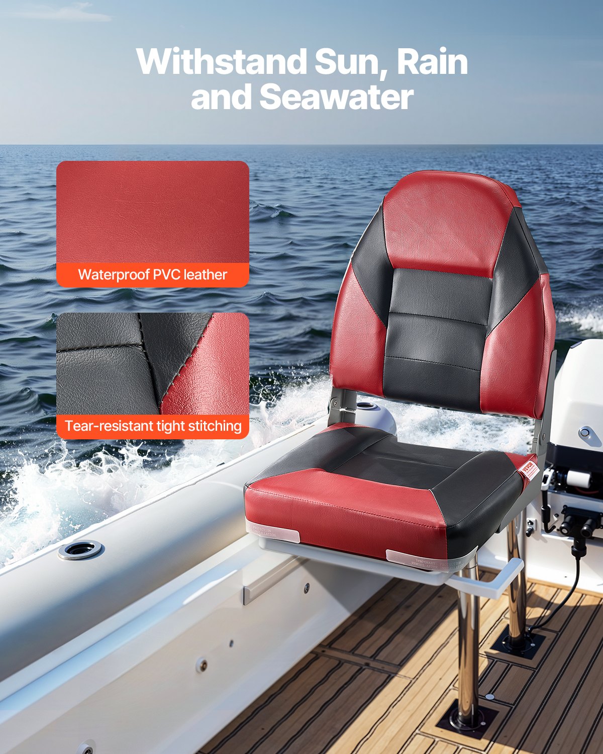VEVOR Boat Seat High Backrest Folding Boat Seat Sponge Cushion Black & Red 