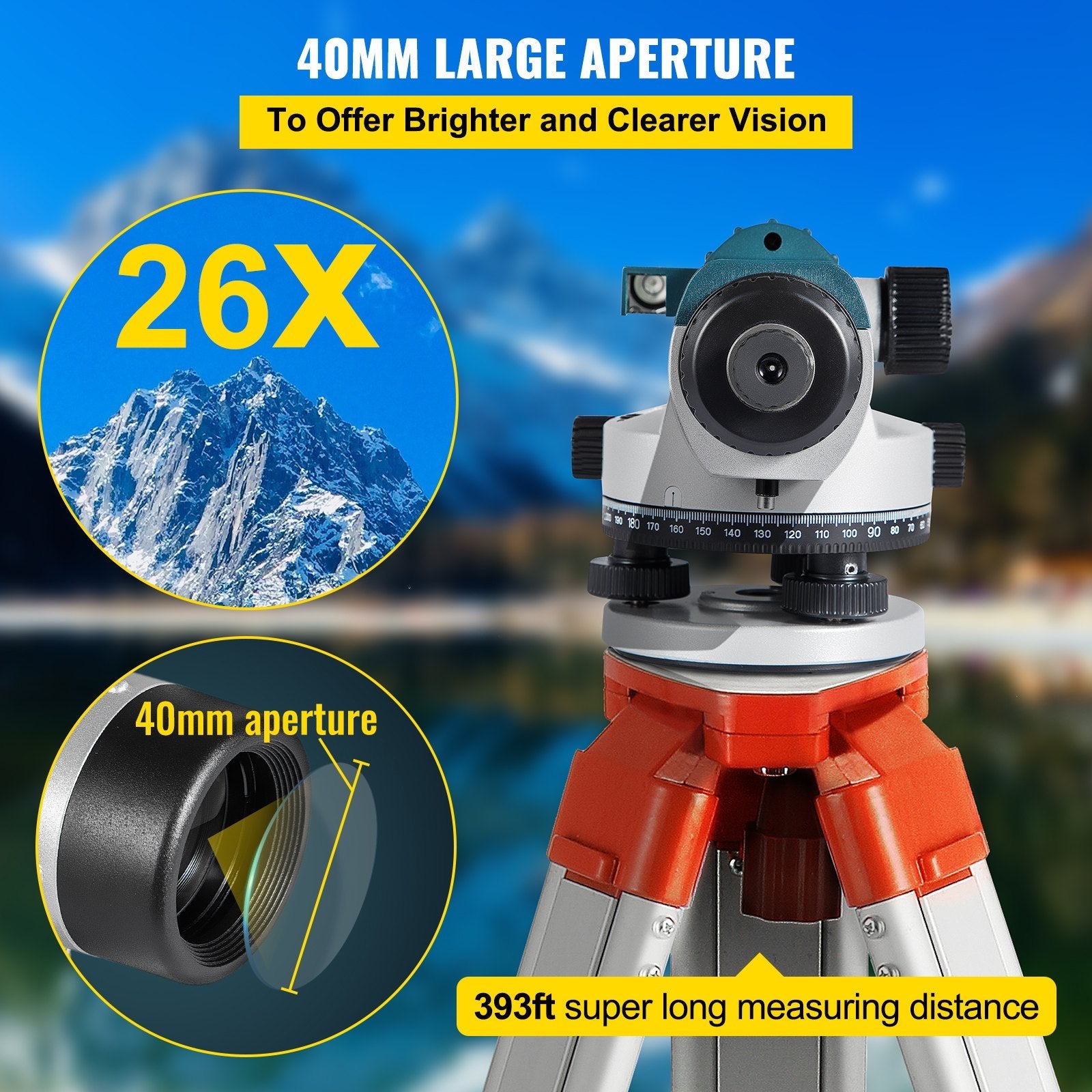 VEVOR Automatic Optical Level, 26X, 40?mm Aperture Auto Level Kit with Magnetic Dampened Compensator and Transport Lock, Height Distance Angle Measuring Tool w/ Hard Plastic Case, IP54 Waterproof 
