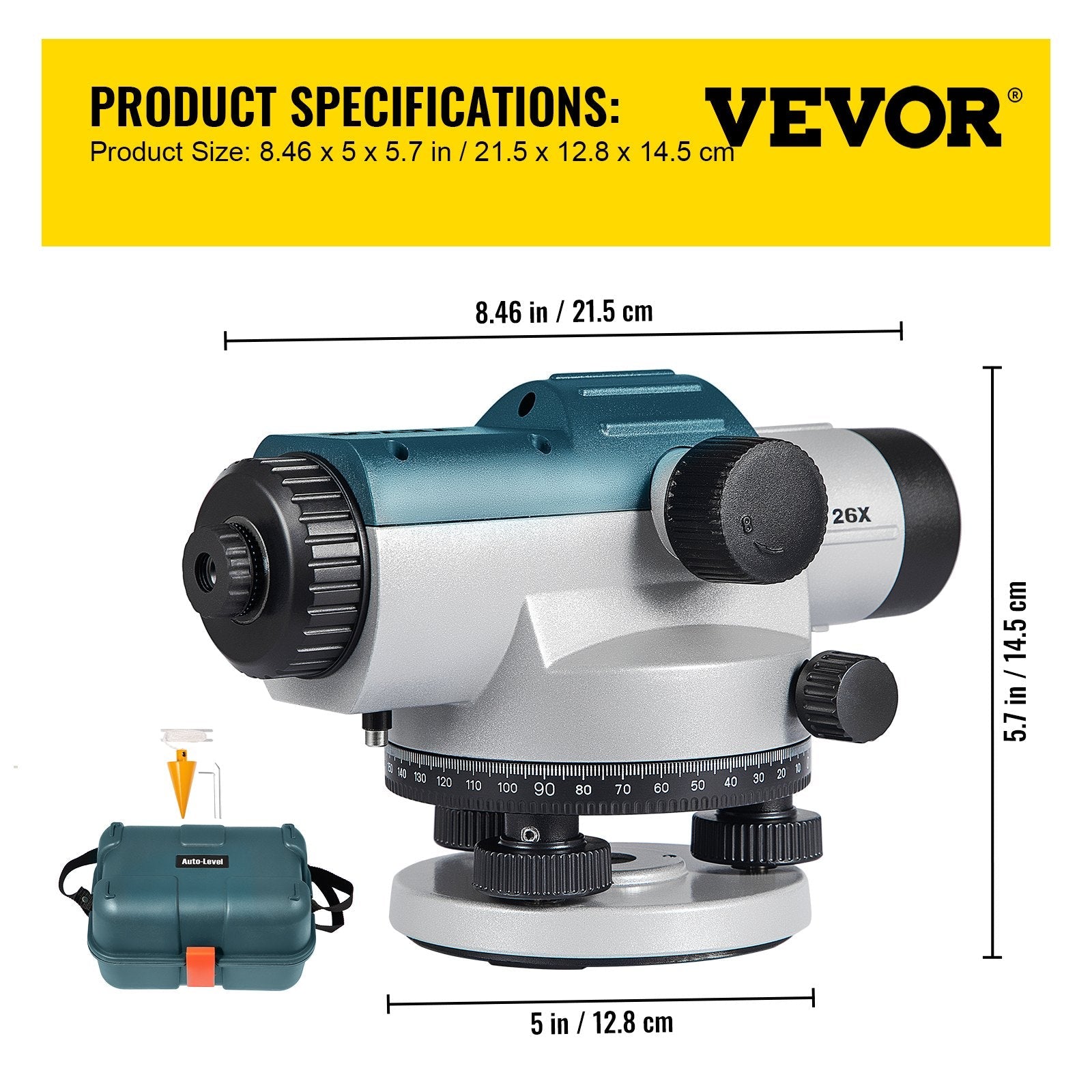 VEVOR Automatic Optical Level, 26X, 40?mm Aperture Auto Level Kit with Magnetic Dampened Compensator and Transport Lock, Height Distance Angle Measuring Tool w/ Hard Plastic Case, IP54 Waterproof 