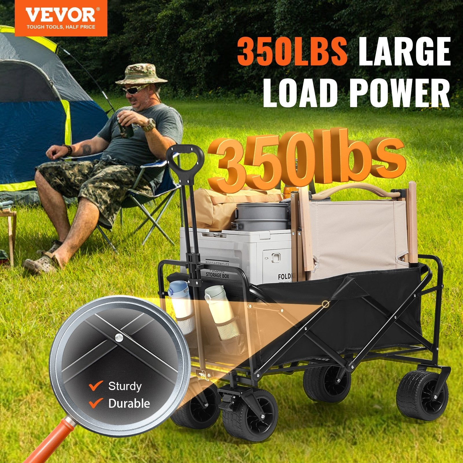 VEVOR Collapsible Folding Wagon, 3 cu.ft Beach Wagon Cart with All-Terrain Wheels, Heavy Duty Folding Wagon Cart 350 lbs Weight Capacity with Drink Holders, Sports Wagon for Camping, Shopping, Garden 