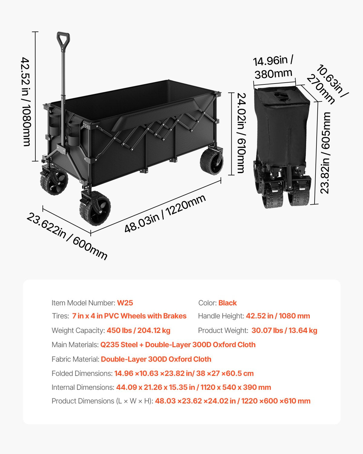 VEVOR Extended Folding Wagon Carts 300L&450LB Heavy Duty Collapsible Garden Cart 