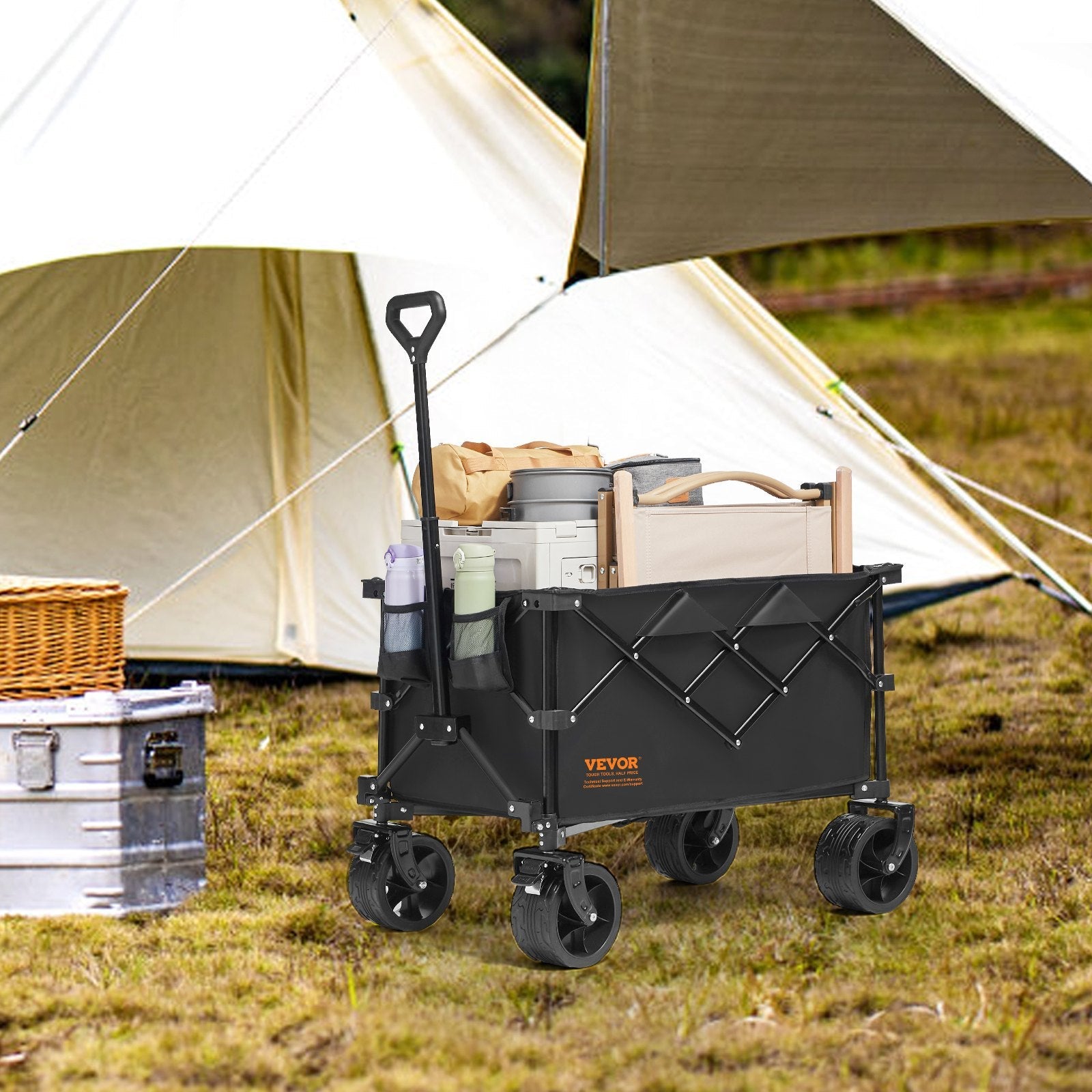 VEVOR Collapsible Folding Wagon, 150 L Beach Wagon Cart with All-Terrain Wheels, Heavy Duty Folding Wagon Cart Max 265 lbs with Drink Holders, Sports Wagon for Camping, Shopping, Garden 