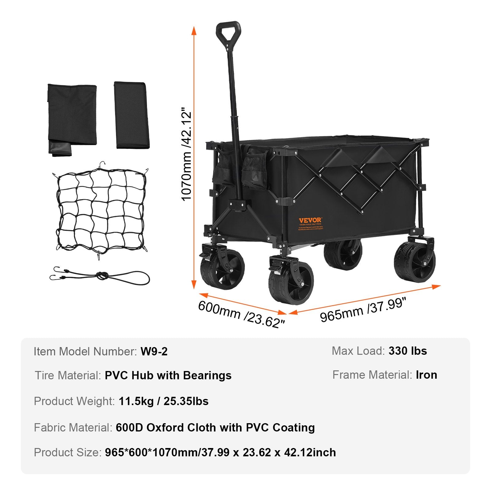 VEVOR Collapsible Folding Wagon, 220 L Beach Wagon Cart with All-Terrain Wheels, Heavy Duty Folding Wagon Cart Max 330 lbs with Drink Holders, Sports Wagon for Camping, Shopping, Garden 