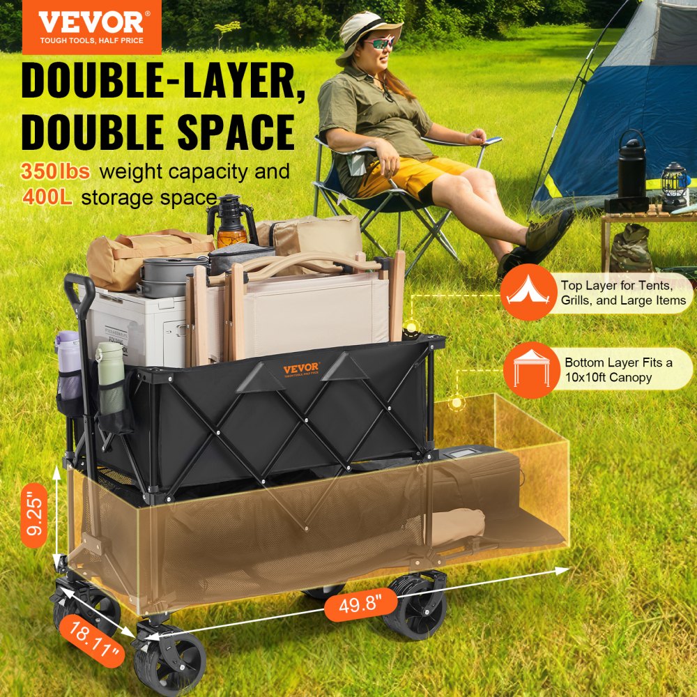 VEVOR Foldable Double Decker Wagon, 400L Collapsible Wagon Cart with All-Terrain Wheels, Heavy Duty Folding Wagon Cart 350 lbs Weight Capacity for Camping, Shopping, Garden, 52" Extra Long Extender 