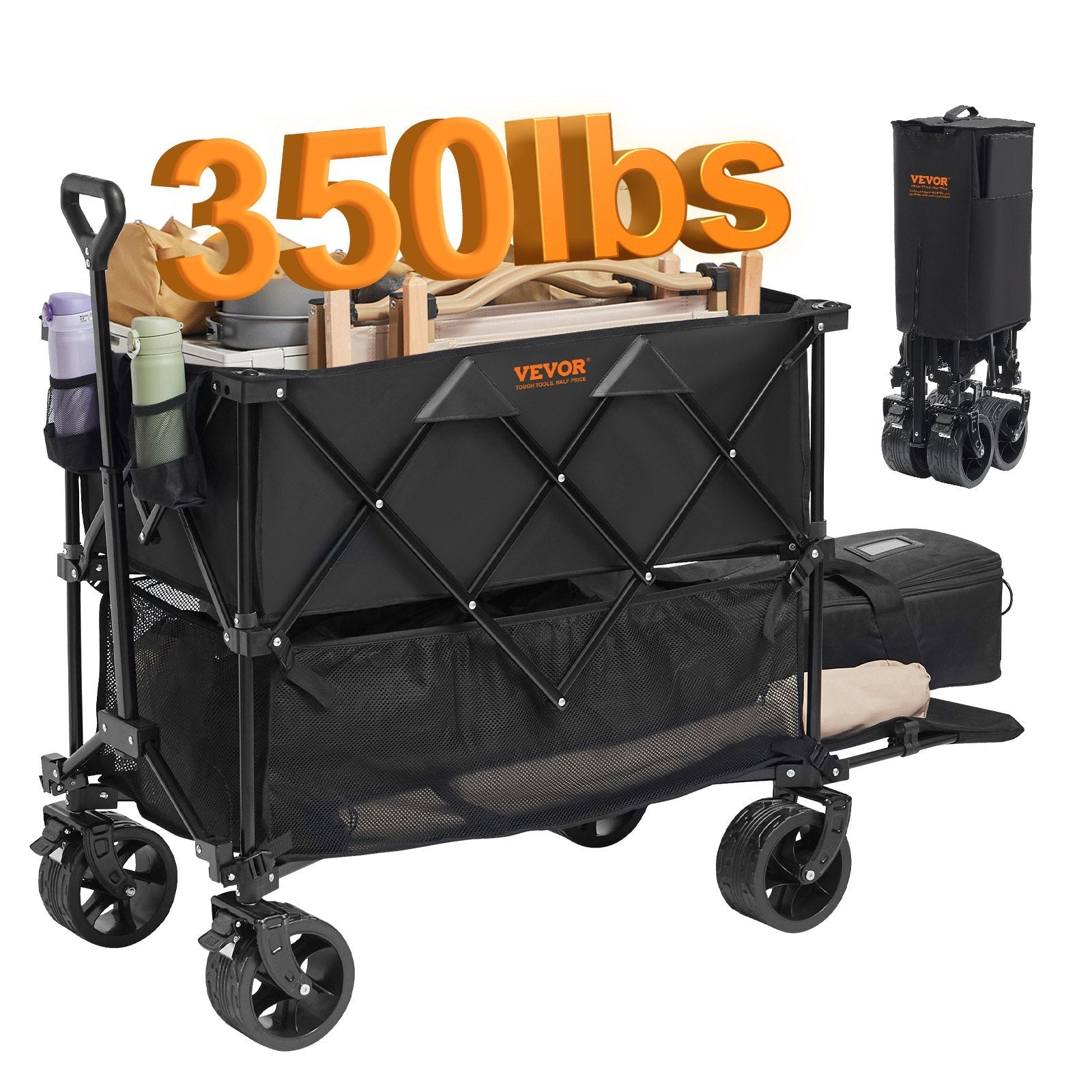 Foldable Double Decker Wagon, 400L Collapsible Wagon Cart with All-Terrain Wheels, Heavy Duty Folding Wagon Cart 350 lbs Weight Capacity for Camping, Shopping, Garden, 52" Extra Long Extender 