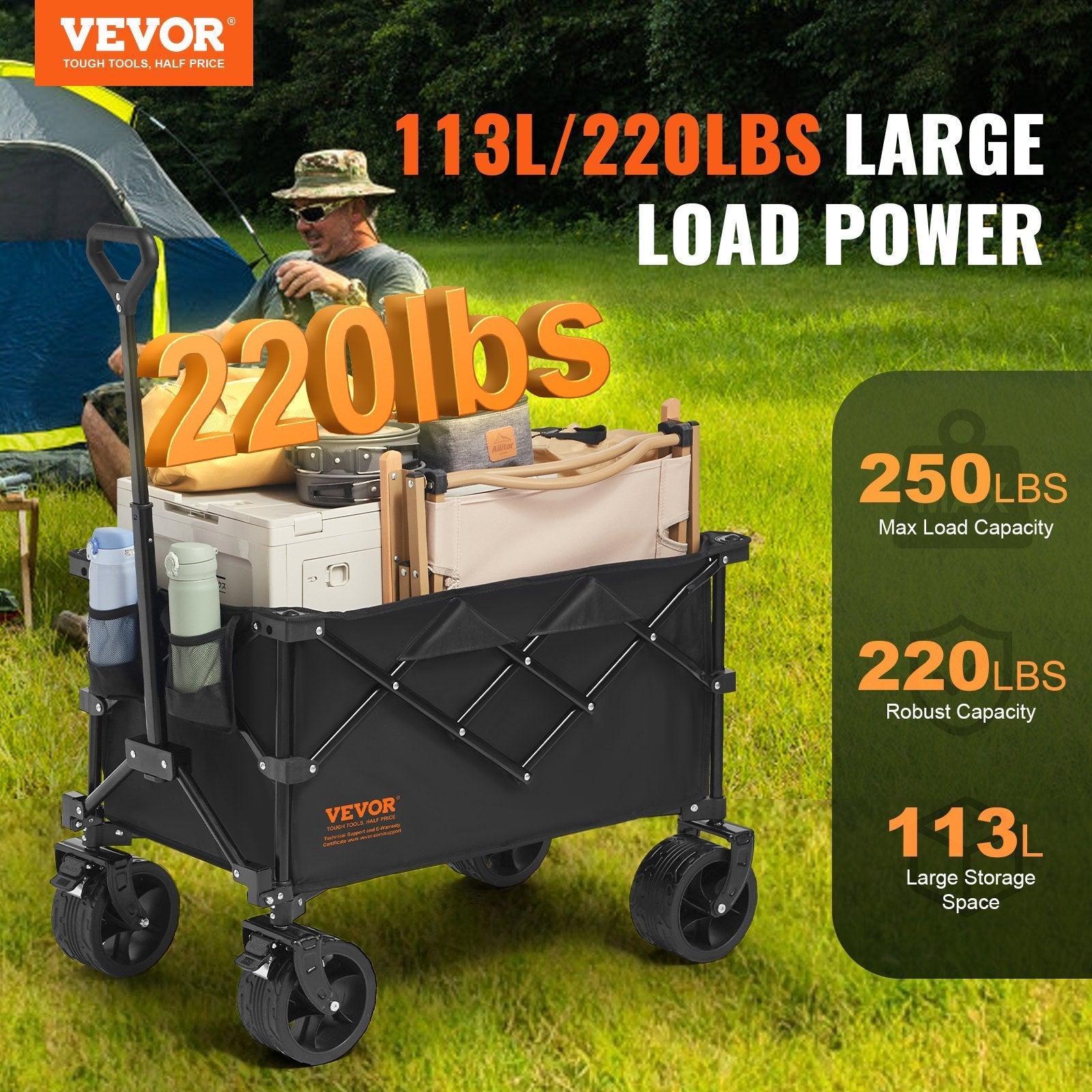 VEVOR Collapsible Folding Wagon, 113 L Beach Wagon Cart with All-Terrain Wheels, Heavy Duty Folding Wagon Cart Max 250 lbs with Drink Holders, Sports Wagon for Camping, Shopping, Garden 