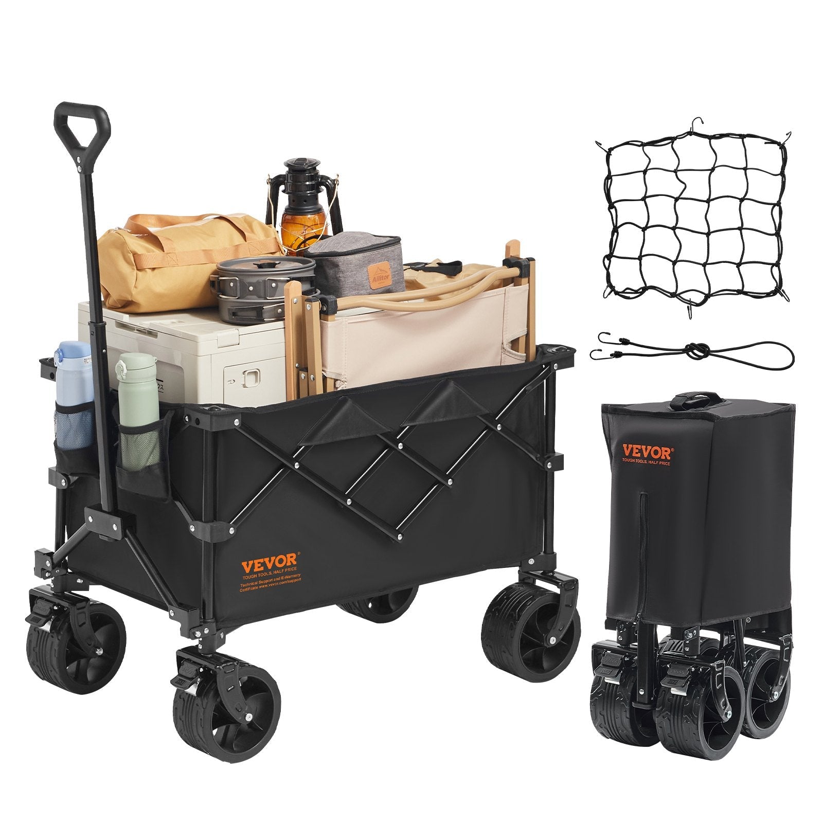 VEVOR Collapsible Folding Wagon, 113 L Beach Wagon Cart with All-Terrain Wheels, Heavy Duty Folding Wagon Cart Max 250 lbs with Drink Holders, Sports Wagon for Camping, Shopping, Garden 