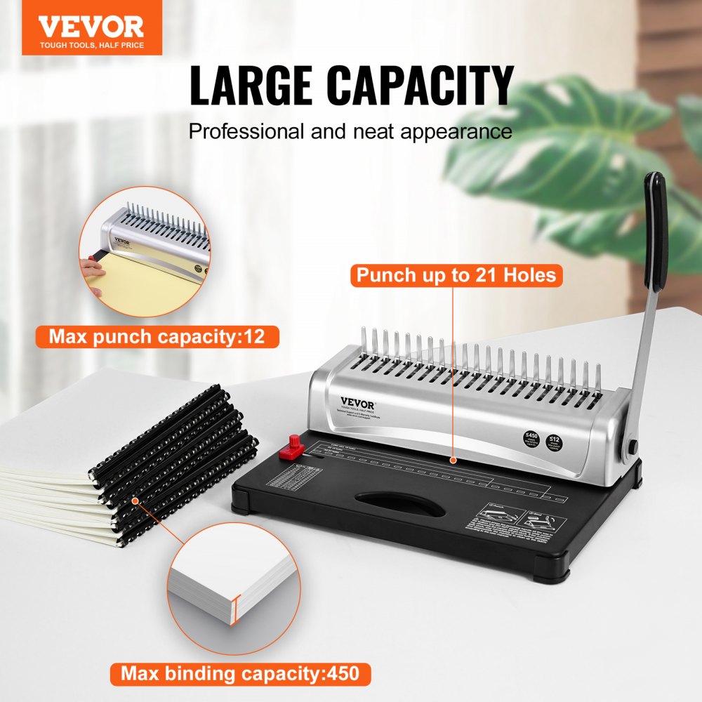 VEVOR Binding Machine, Comb Binding Machine 21-Holes Binding 450 Sheets, Book Binder Machine with 100 PCS 3/8'' Comb Binding Spines, for Letter Size, A4, A5 
