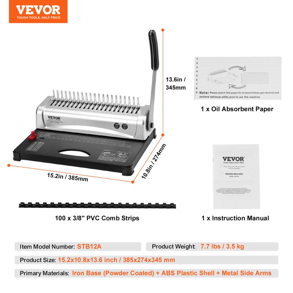 VEVOR Binding Machine, Comb Binding Machine 21-Holes Binding 450 Sheets, Book Binder Machine with 100 PCS 3/8'' Comb Binding Spines, for Letter Size, A4, A5 