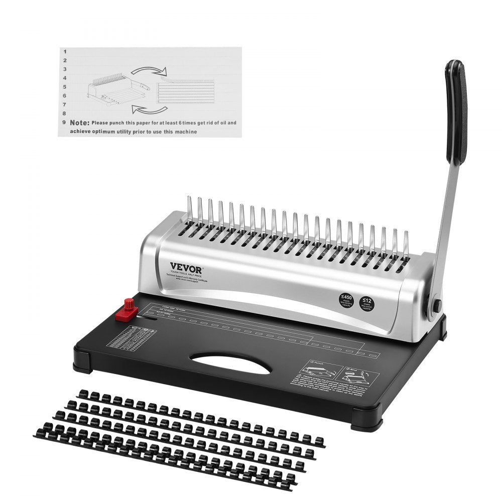 VEVOR Binding Machine, Comb Binding Machine 21-Holes Binding 450 Sheets, Book Binder Machine with 100 PCS 3/8'' Comb Binding Spines, for Letter Size, A4, A5 
