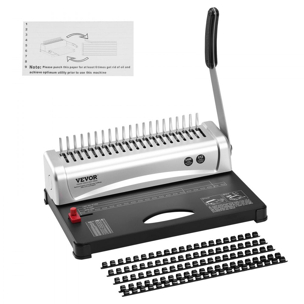 VEVOR Binding Machine, Comb Binding Machine 21-Holes Binding 450 Sheets, Book Binder Machine with 100 PCS 3/8'' Comb Binding Spines, for Letter Size, A4, A5 