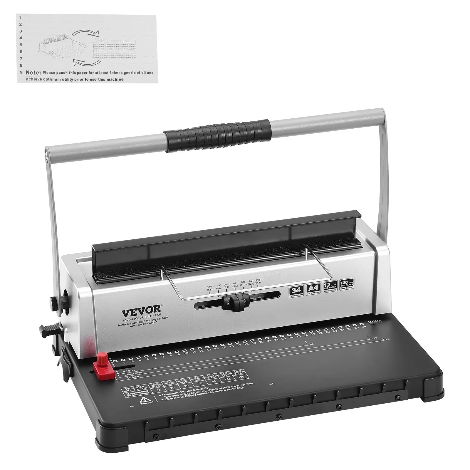 VEVOR Coil Spiral Binding Machine, Manual Book Maker 34-Holes Binding 120 Sheets, Punch Binder with Adjustable 3/16" - 9/16" Coil Binding Spines and Side Margin, for Letter Size, A4, A5