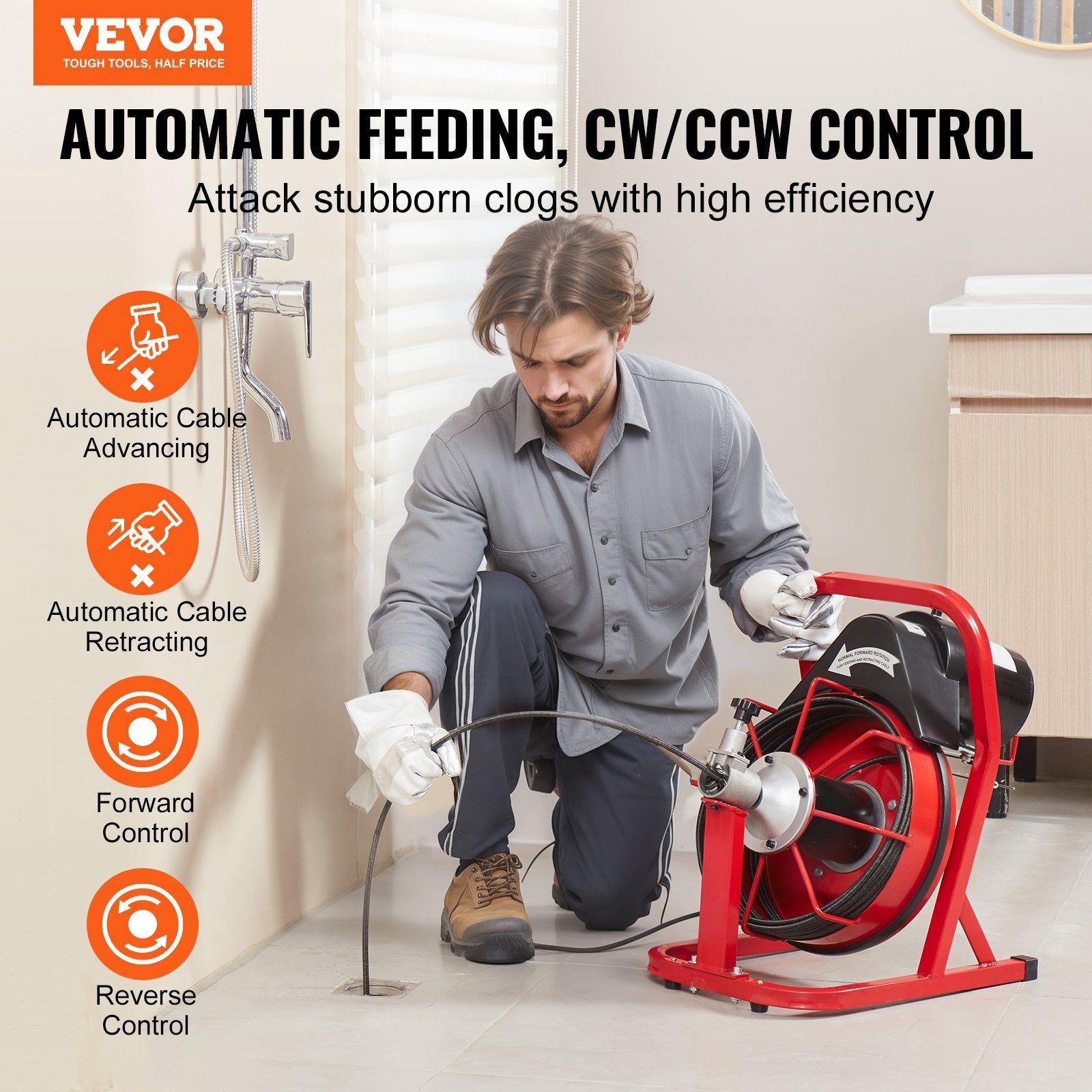 VEVOR Drain Cleaner Machine Electric Drain Auger 50FT x 3/8 In Auto Feed 