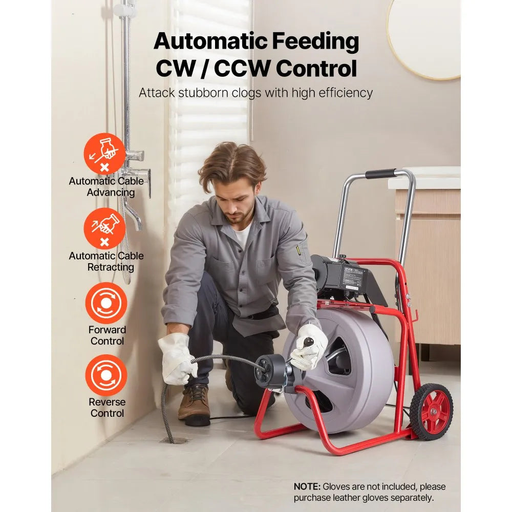 Drain Cleaner Machine 100 FT x 1/2" – Automatic Feed Sewer Snake with 8 Cutters & Foot Switch – For 2"–6" Pipes