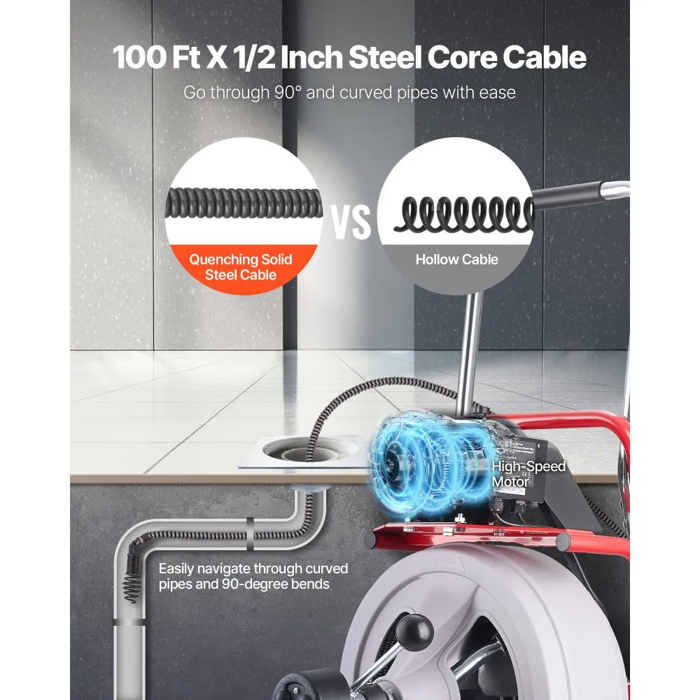 Drain Cleaner Machine 100 FT x 1/2" – Automatic Feed Sewer Snake with 8 Cutters & Foot Switch – For 2"–6" Pipes