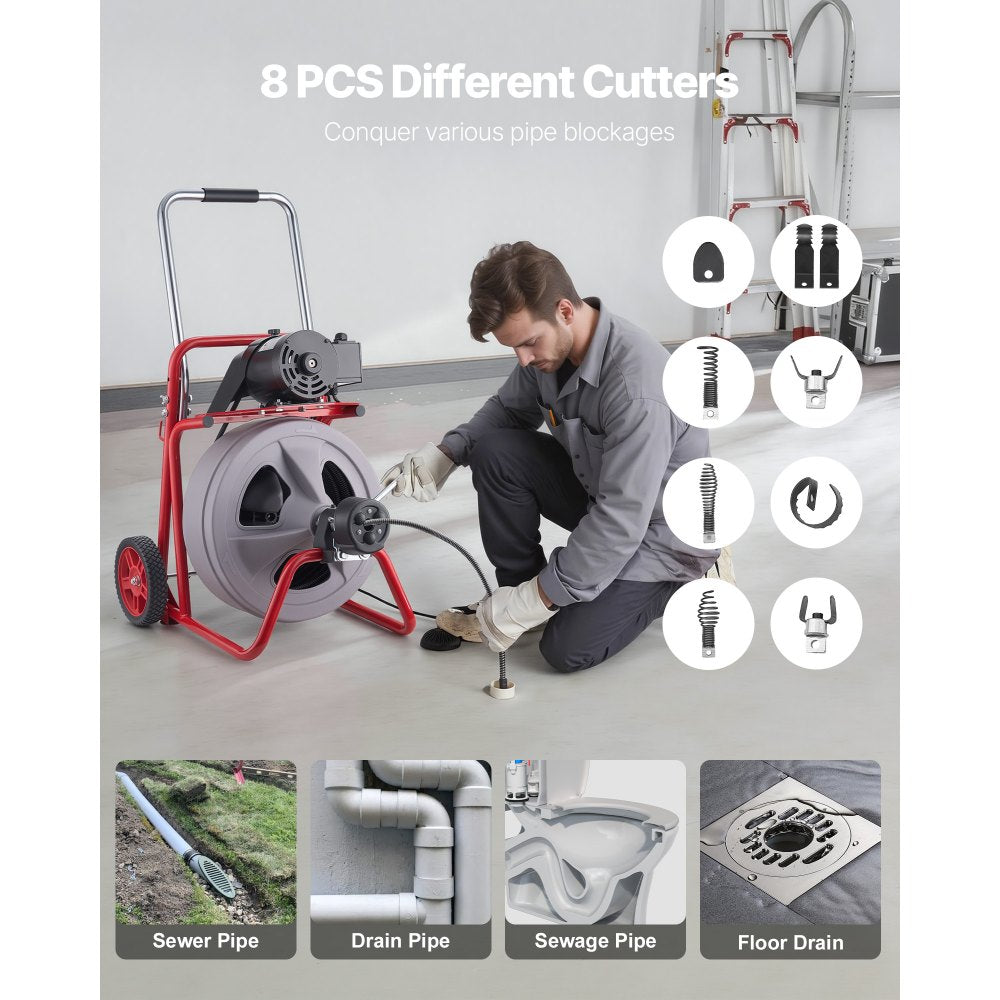 Drain Cleaner Machine 100 FT x 1/2" – Automatic Feed Sewer Snake with 8 Cutters & Foot Switch – For 2"–6" Pipes