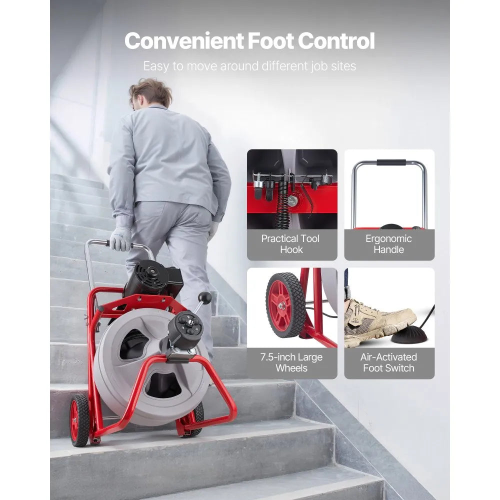 Drain Cleaner Machine 100 FT x 1/2" – Automatic Feed Sewer Snake with 8 Cutters & Foot Switch – For 2"–6" Pipes