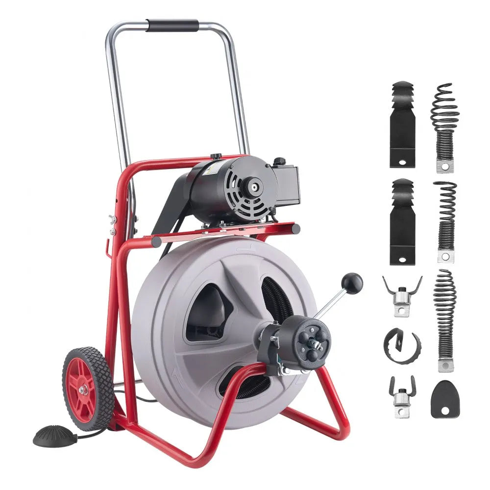 Drain Cleaner Machine 100 FT x 1/2" – Automatic Feed Sewer Snake with 8 Cutters & Foot Switch – For 2"–6" Pipes