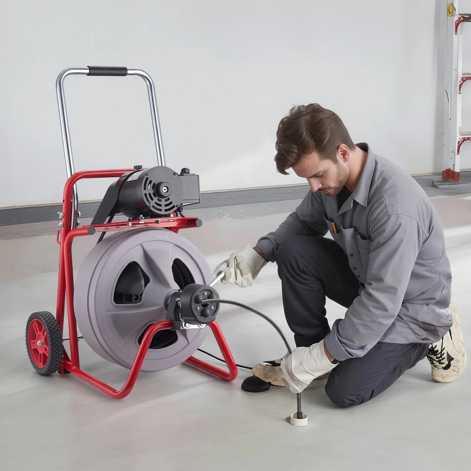 Drain Cleaner Machine 100 FT x 1/2" – Automatic Feed Sewer Snake with 8 Cutters & Foot Switch – For 2"–6" Pipes