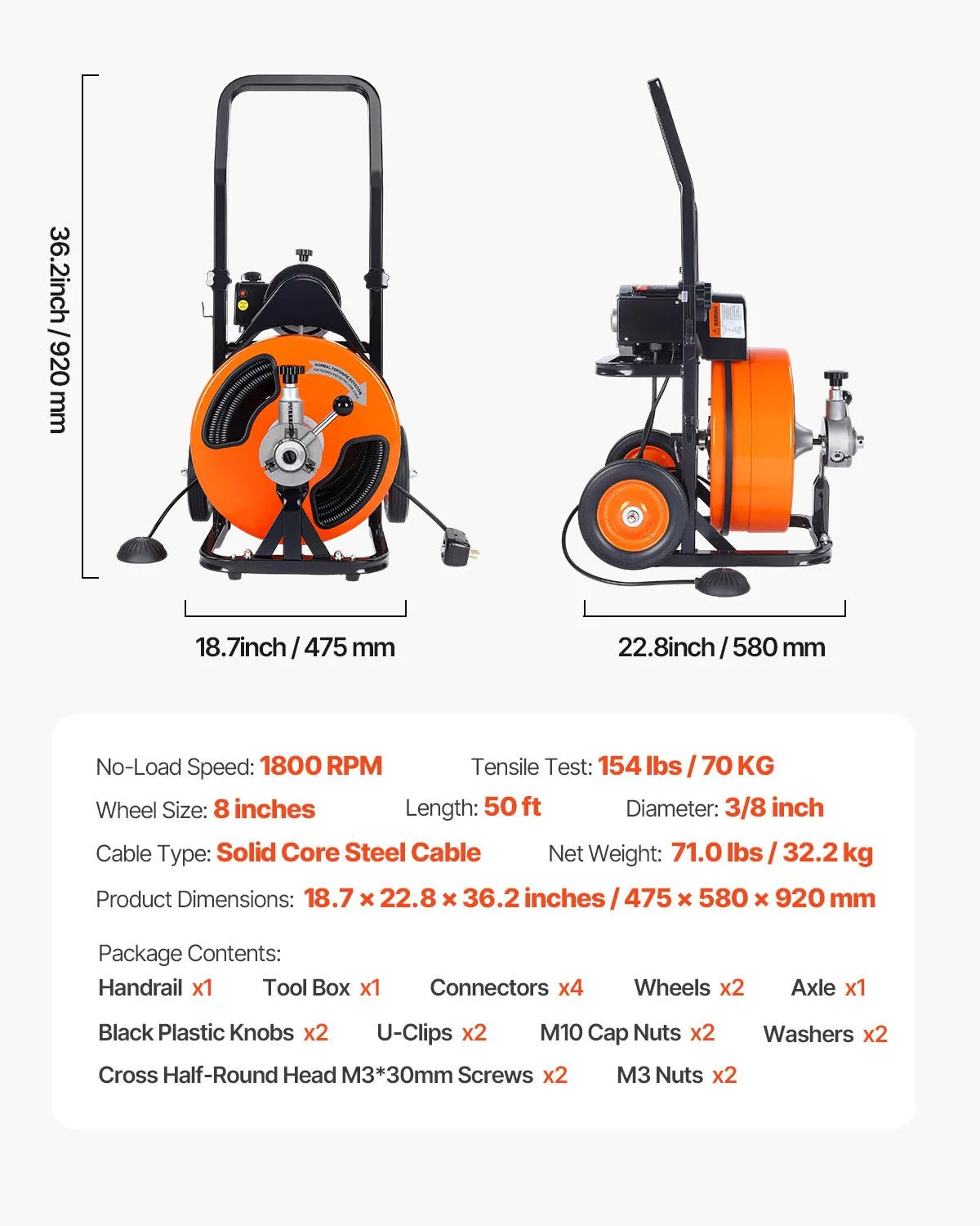 VEVOR Drain Cleaner Machine 50 FT X 3/8 Inch, Sewer Snake Machine Auto Feed, Drain Cleaning Machine with 4 Cutter & Air-activated Foot Switch for 1" to 4" Pipes