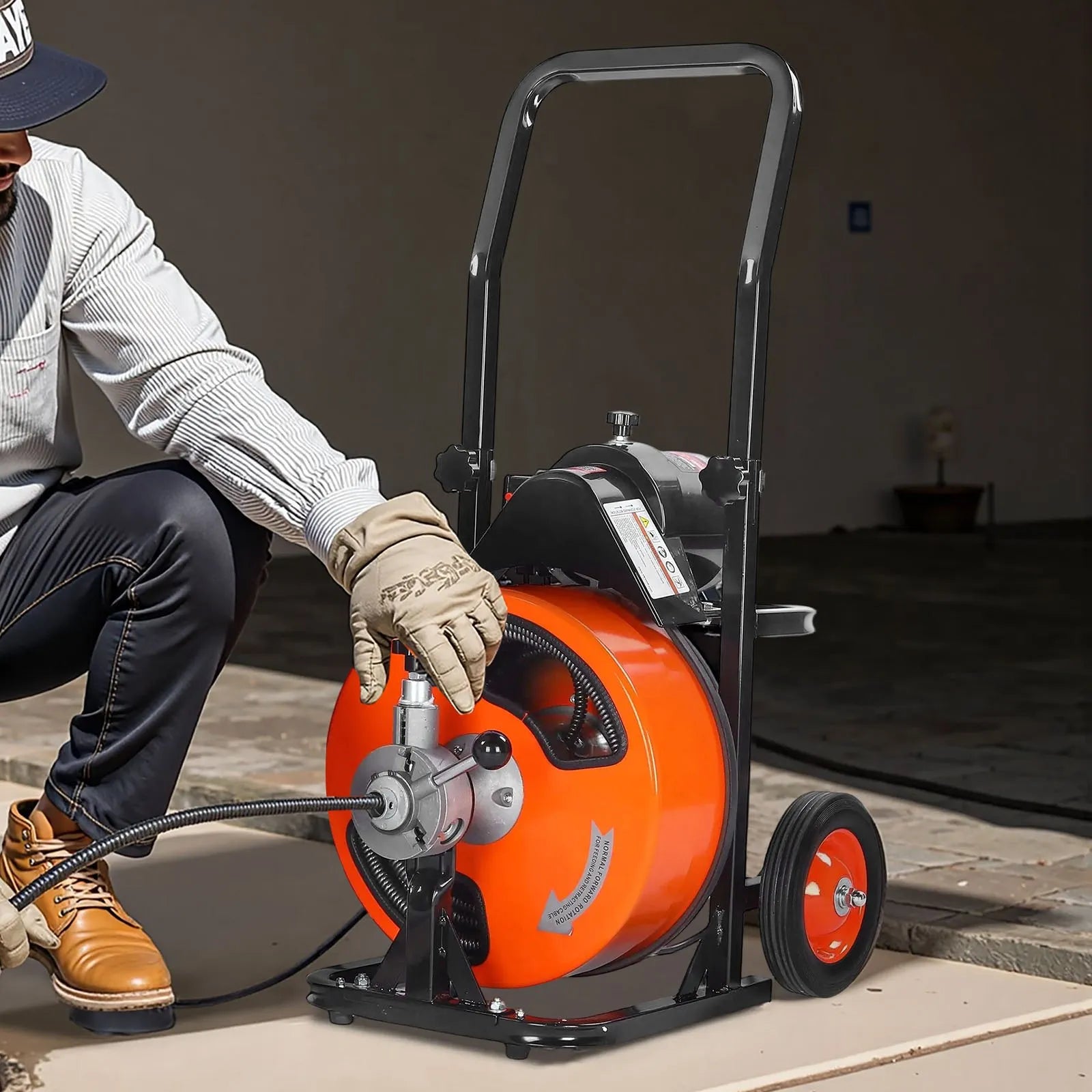 VEVOR Drain Cleaner Machine 50 FT X 3/8 Inch, Sewer Snake Machine Auto Feed, Drain Cleaning Machine with 4 Cutter & Air-activated Foot Switch for 1" to 4" Pipes