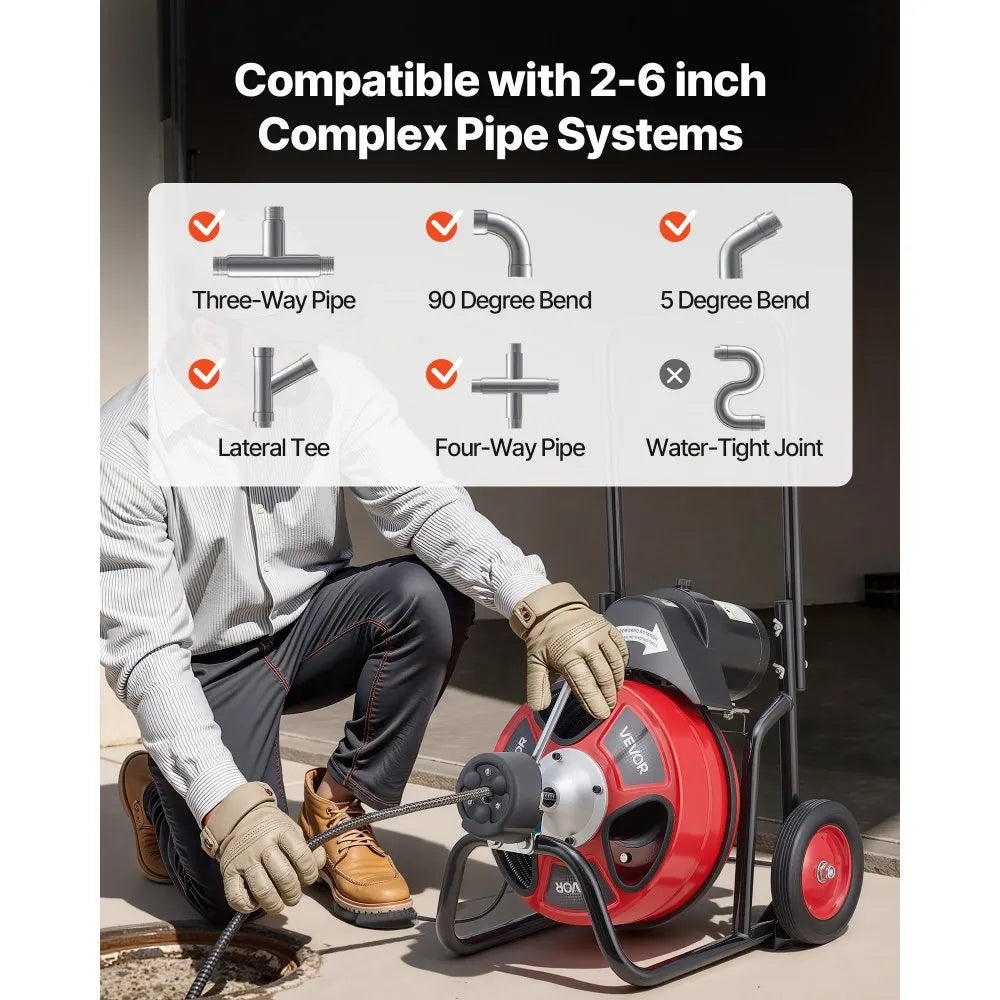 100FT Automatic Feed Drain Cleaner Machine with 1/2" Steel Sewer Snake, 4 Cutter Heads & Foot Pedal Control