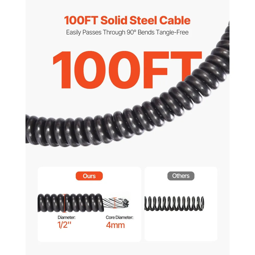 100FT Automatic Feed Drain Cleaner Machine with 1/2" Steel Sewer Snake, 4 Cutter Heads & Foot Pedal Control