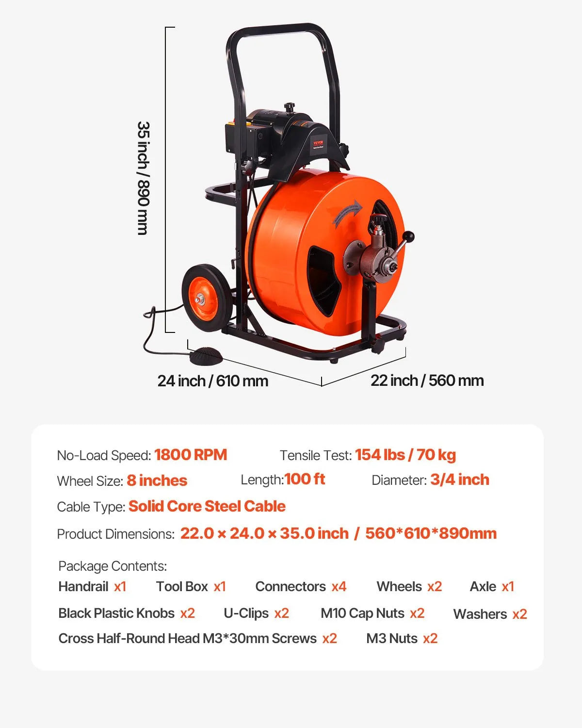 VEVOR Drain Cleaning Machine 100FT x 3/4 Inch, Sewer Snake Machine Auto Feed, Drain Auger Cleaner with 4 Cutter & Air-Activated Foot Switch for 1" to 4" Pipes