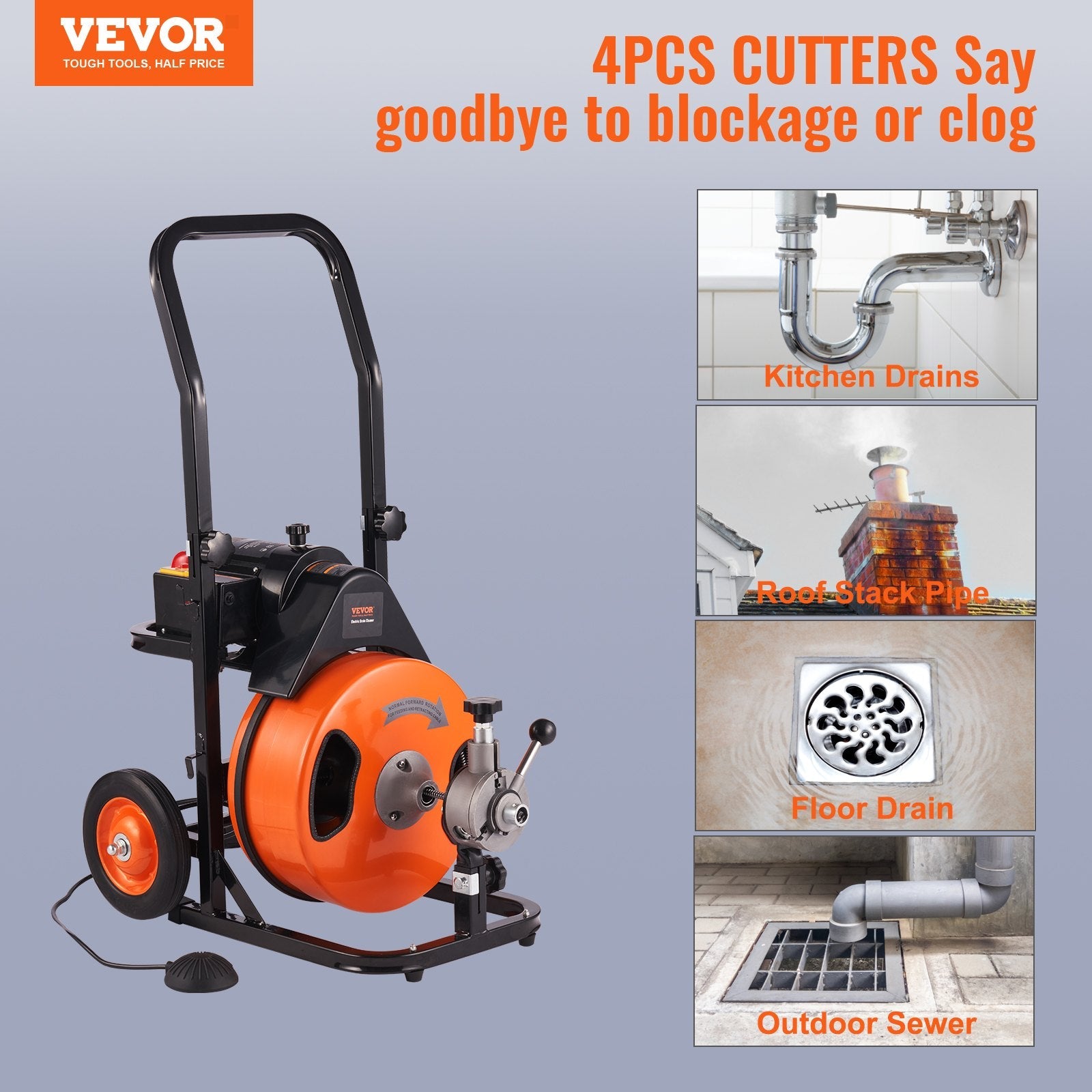 VEVOR Drain Cleaner Machine 100 Ft X 3/8 Inch, Sewer Snake Machine Auto Feed, Drain Cleaning Machine with 4 Cutter & Air-Activated Foot Switch for 1" to 4" Pipes 