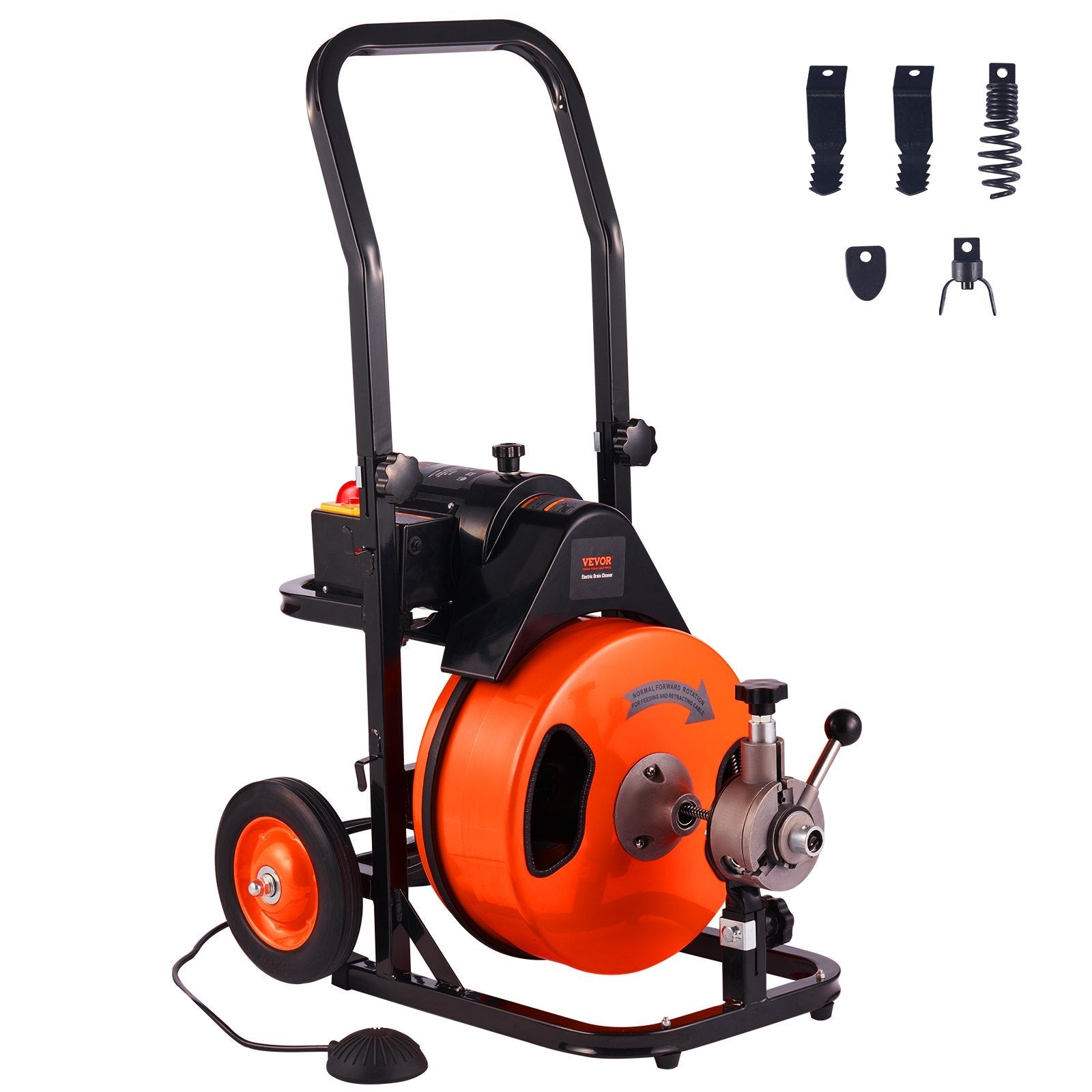 VEVOR Drain Cleaner Machine 100 Ft X 3/8 Inch, Sewer Snake Machine Auto Feed, Drain Cleaning Machine with 4 Cutter & Air-Activated Foot Switch for 1" to 4" Pipes 